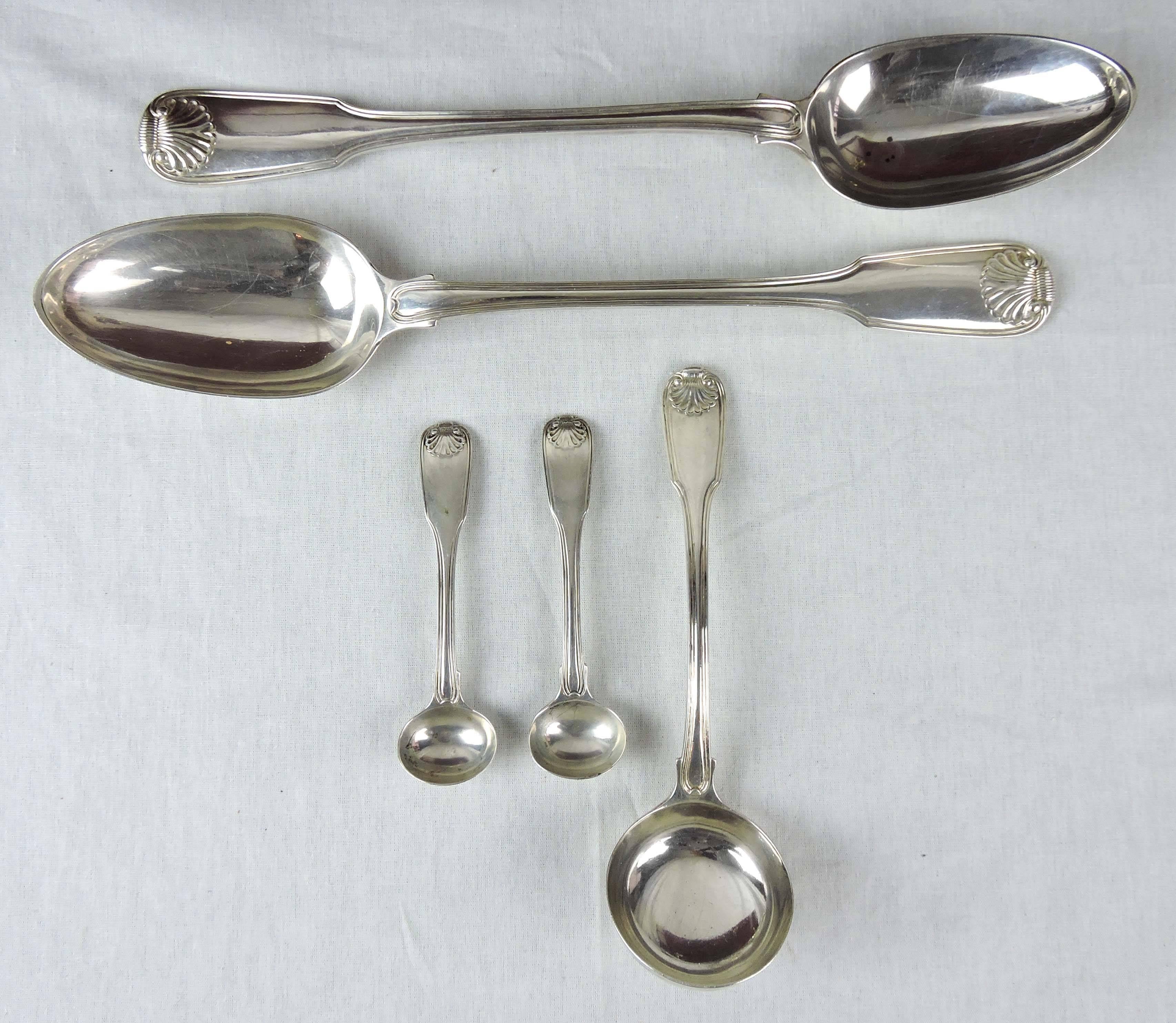 19th Century Georian Period Fiddle, Thread & Shell Sterling Silver Flatware Dinner Set for 12 For Sale