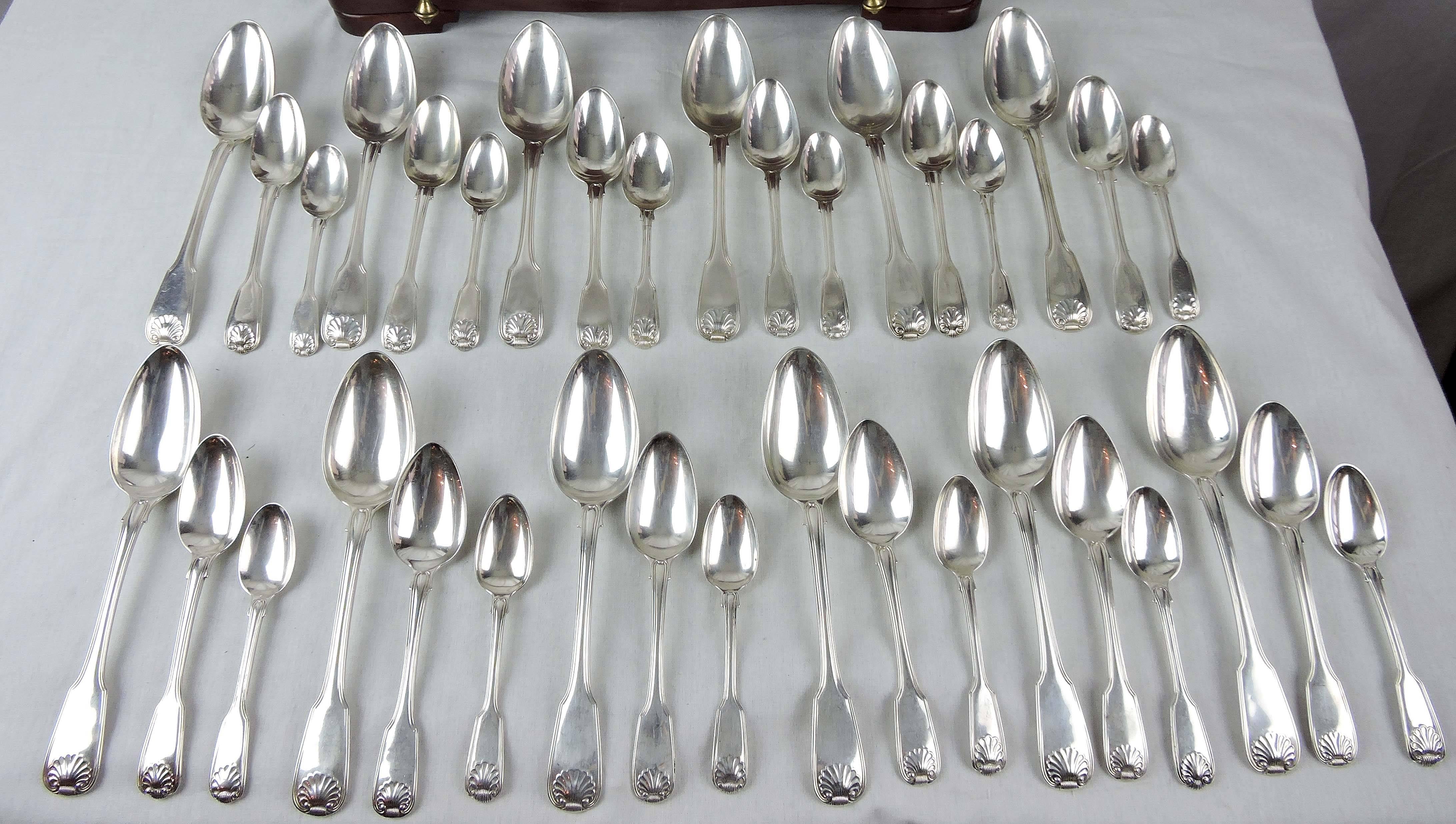 George IV Georian Period Fiddle, Thread & Shell Sterling Silver Flatware Dinner Set for 12 For Sale