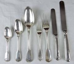 Georian Period Fiddle, Thread & Shell Sterling Silver Flatware Dinner Set for 12