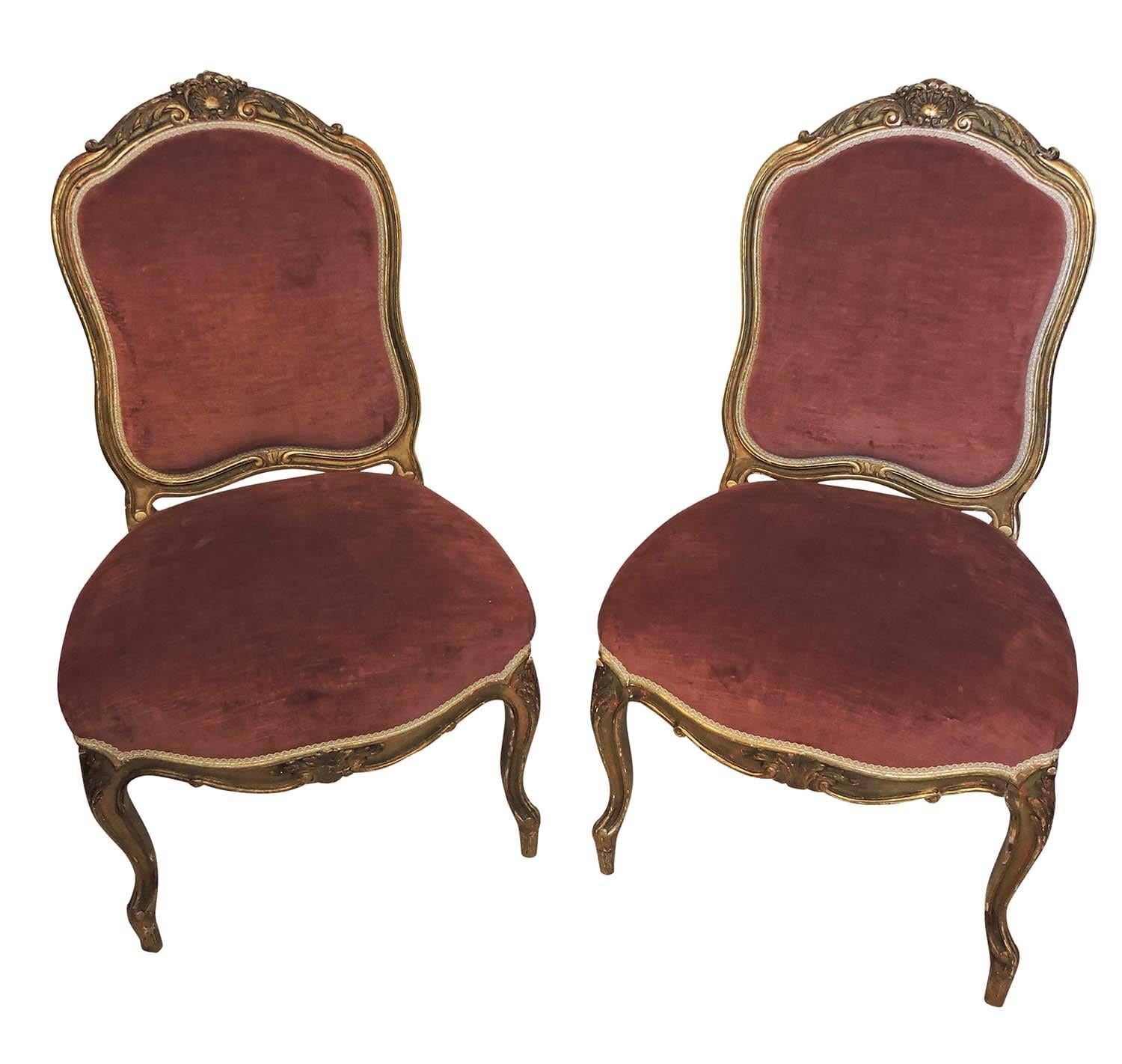 Pair of Giltwood and Rose Velvet 19th Century Louis XV Style Chairs