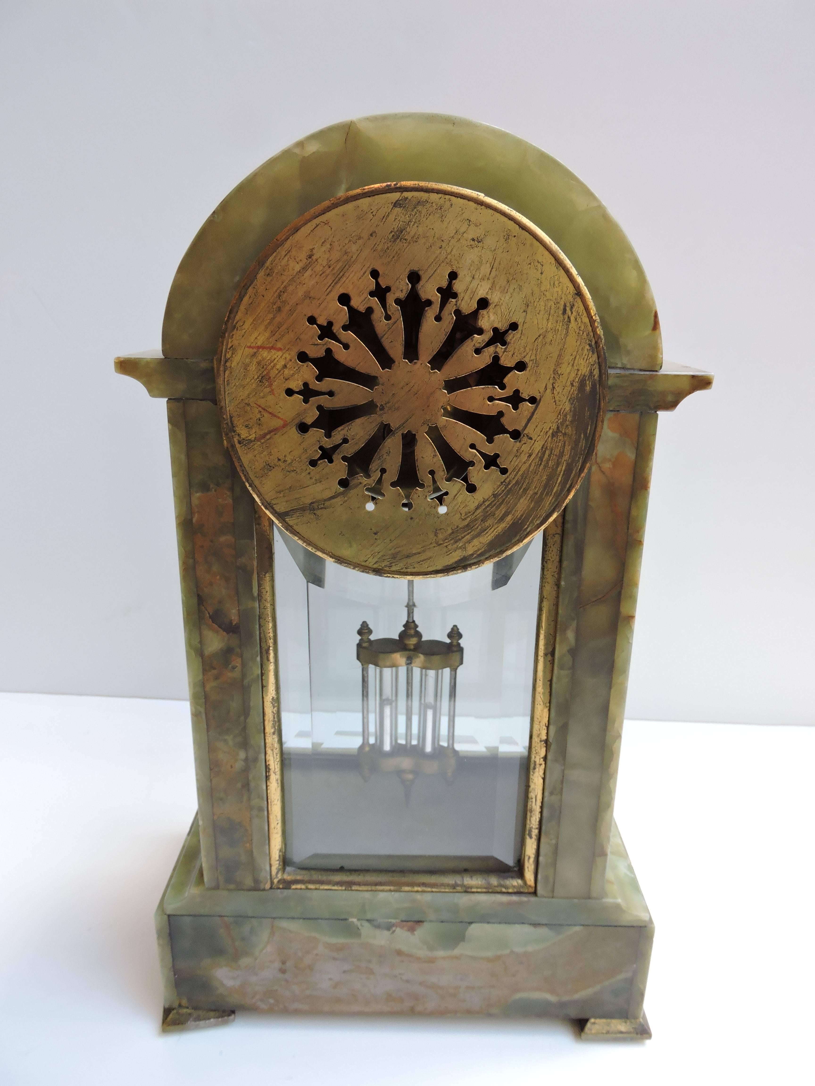 Late 19th Century French 19th Century Green Onyx Clock with Mercury Pendulum and Bronze Feet For Sale