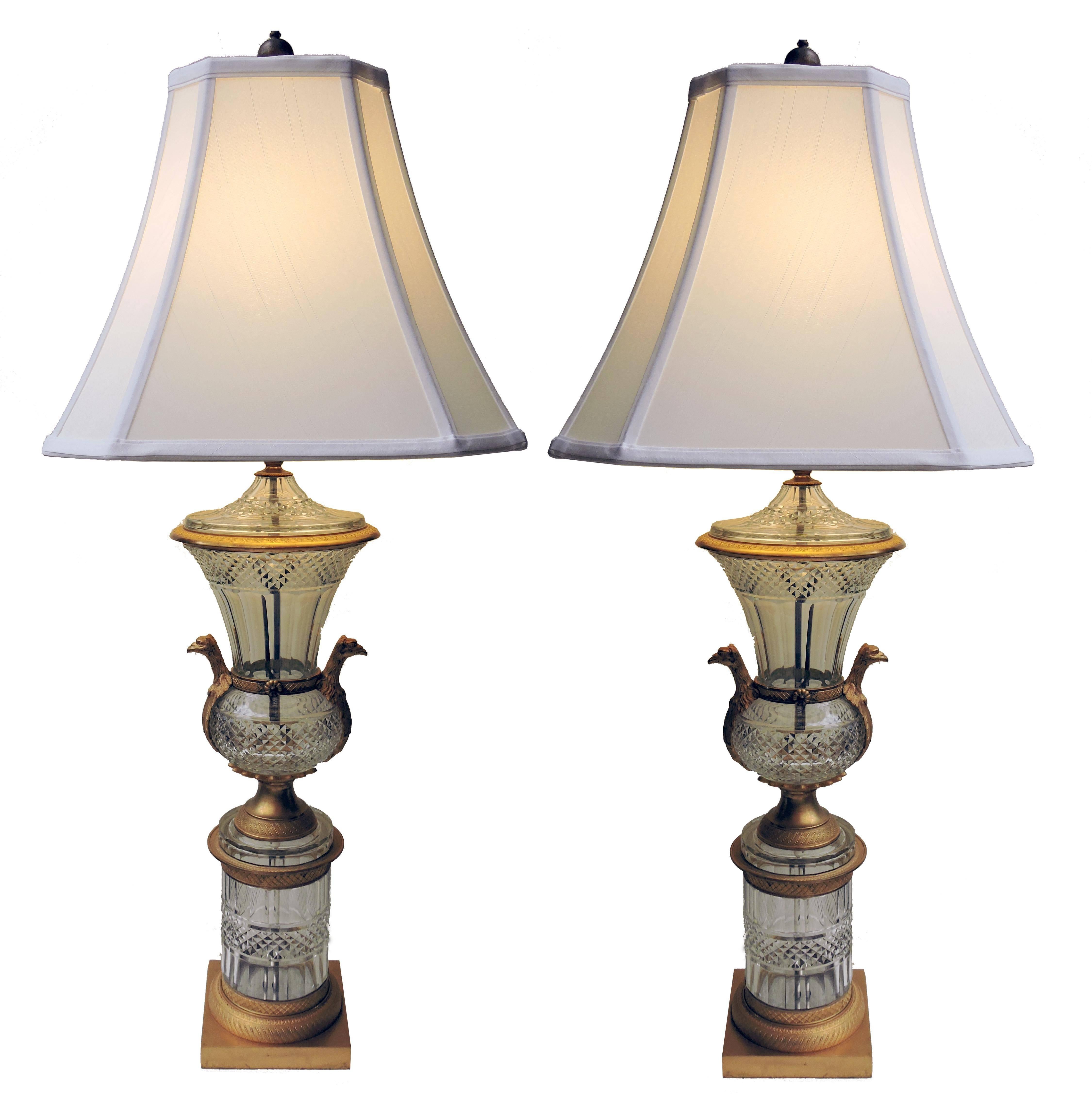 Pair of Austrian Bronze and Crystal Lamps, circa 1950 For Sale