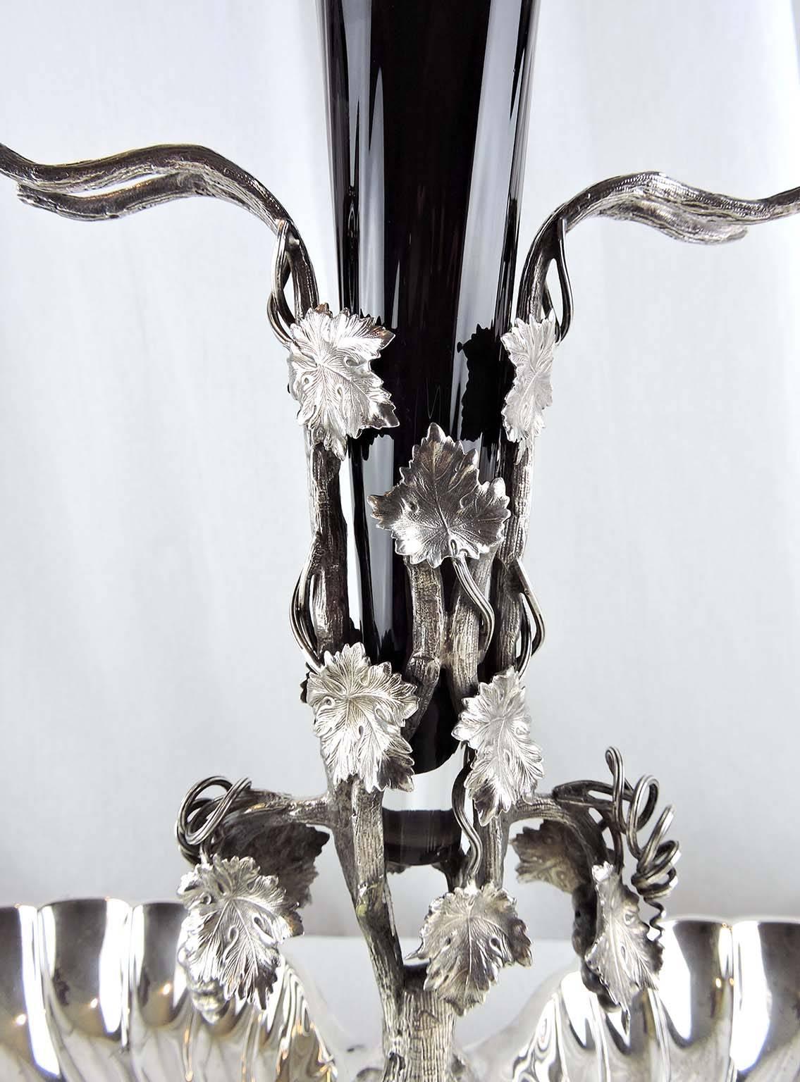 British Late 19th Century Amethyst Glass and Silver Plate Epergne by Mappin & Webb