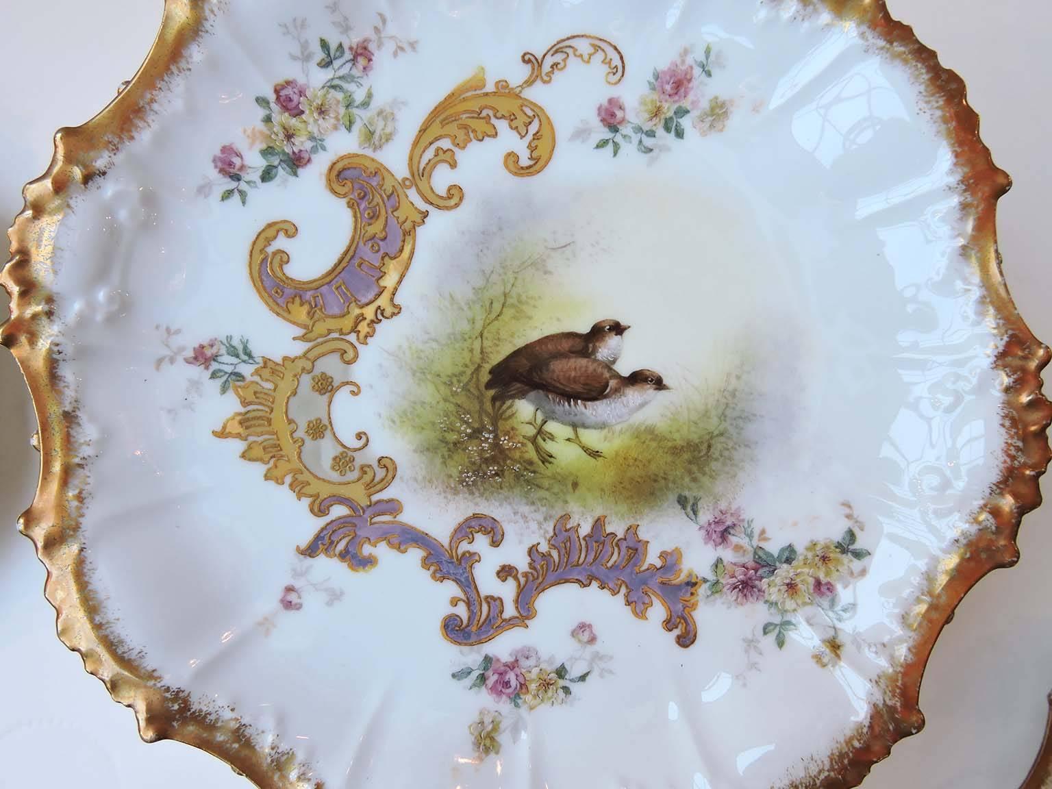French Set of 11 Limoges Plates Hand-Painted with Game Birds