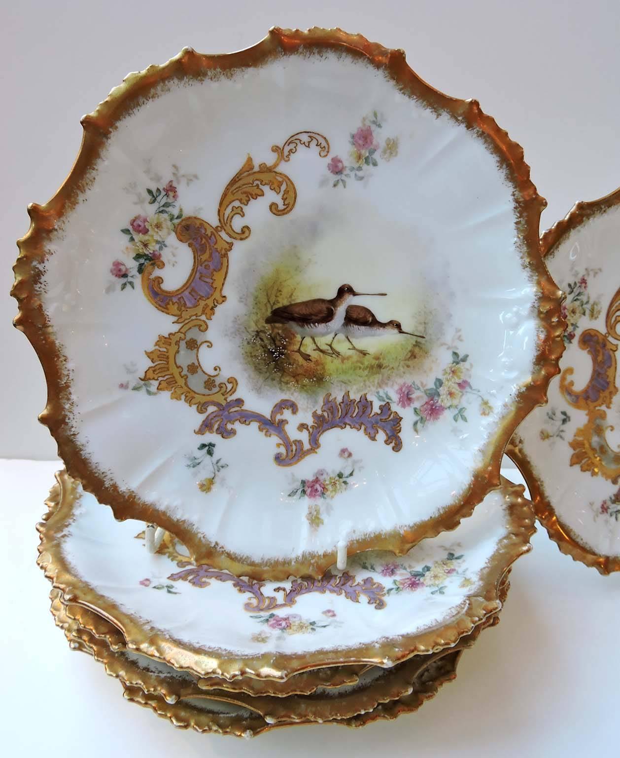 19th Century Set of 11 Limoges Plates Hand-Painted with Game Birds
