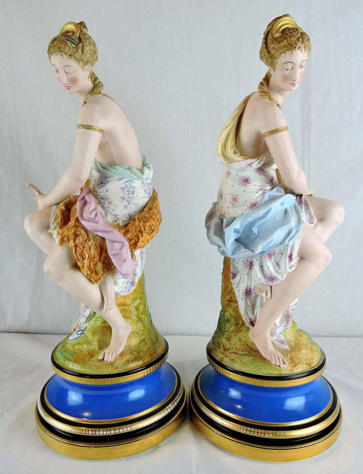 Hand-Painted Pair of French Bisque and Porcelain Neoclassical Statues, Artemis and Demeter For Sale
