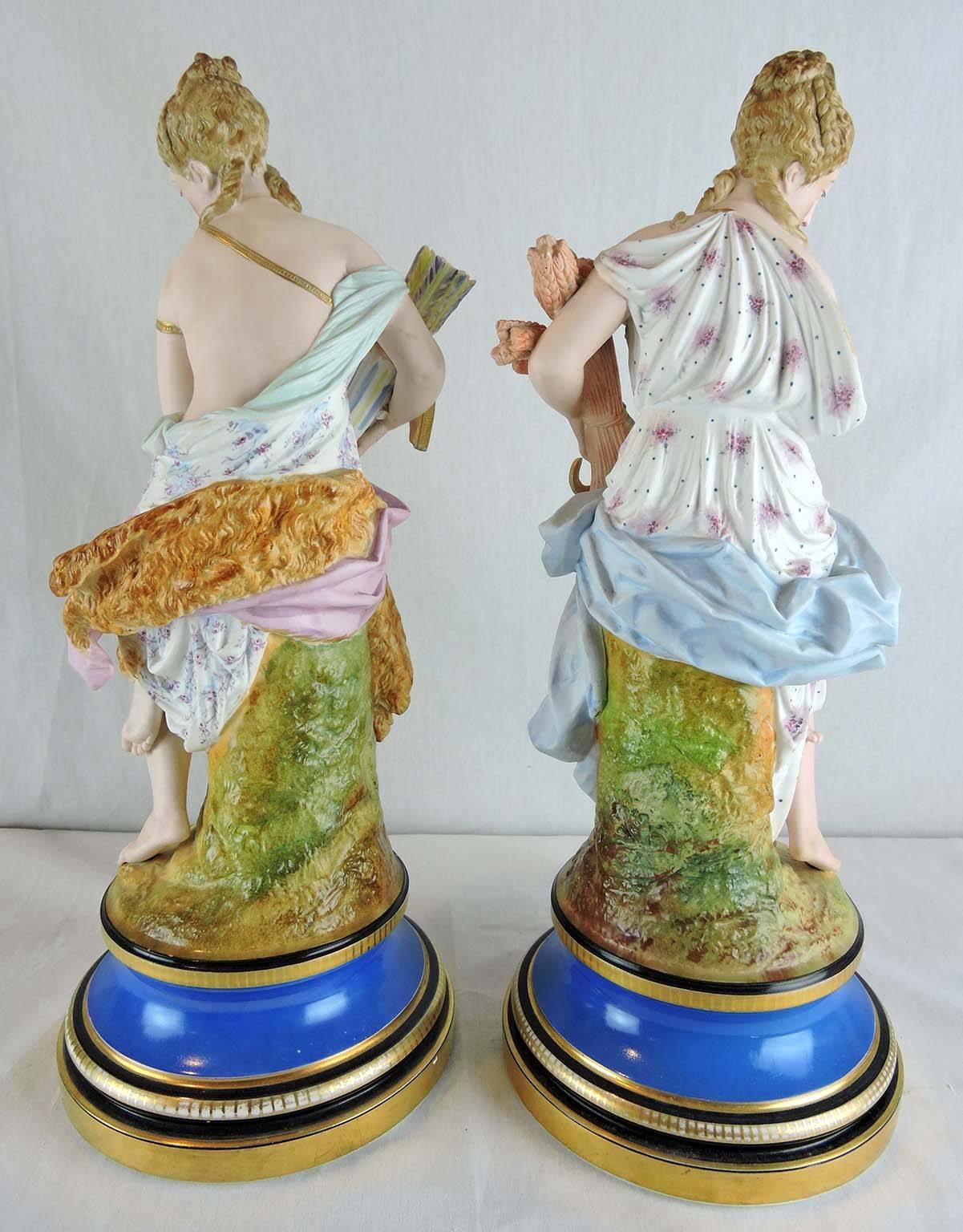 19th Century Pair of French Bisque and Porcelain Neoclassical Statues, Artemis and Demeter For Sale
