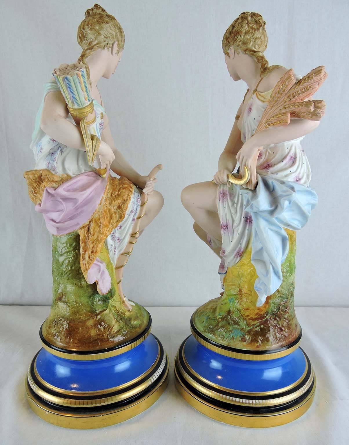 Pair of French Bisque and Porcelain Neoclassical Statues, Artemis and Demeter In Excellent Condition For Sale In Toronto, ONTARIO