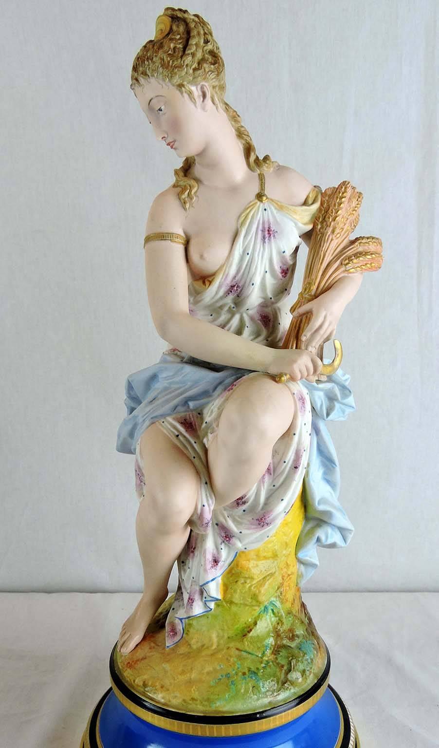 Neoclassical Revival Pair of French Bisque and Porcelain Neoclassical Statues, Artemis and Demeter For Sale