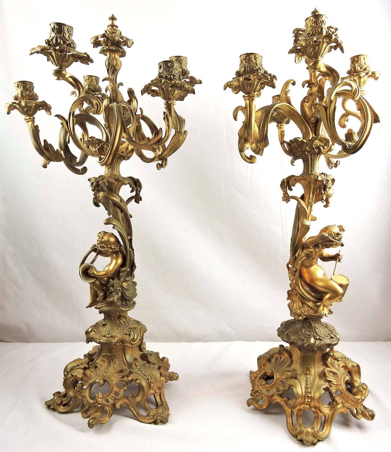 Pair of Large 19th Century Gilt Bronze-Mounted Six-Arm Figural Rococo Candelabra In Good Condition For Sale In Toronto, ONTARIO