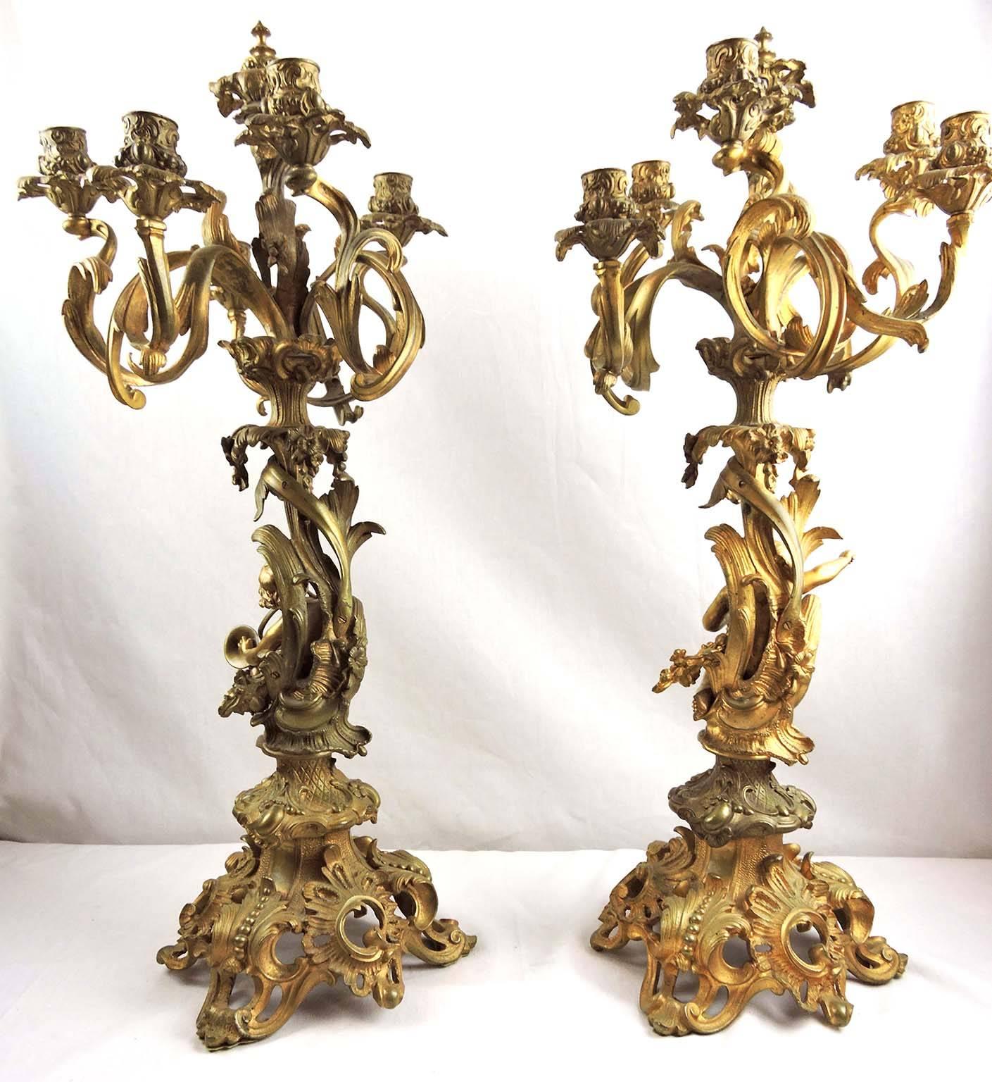 Pair of Large 19th Century Gilt Bronze-Mounted Six-Arm Figural Rococo Candelabra For Sale 2
