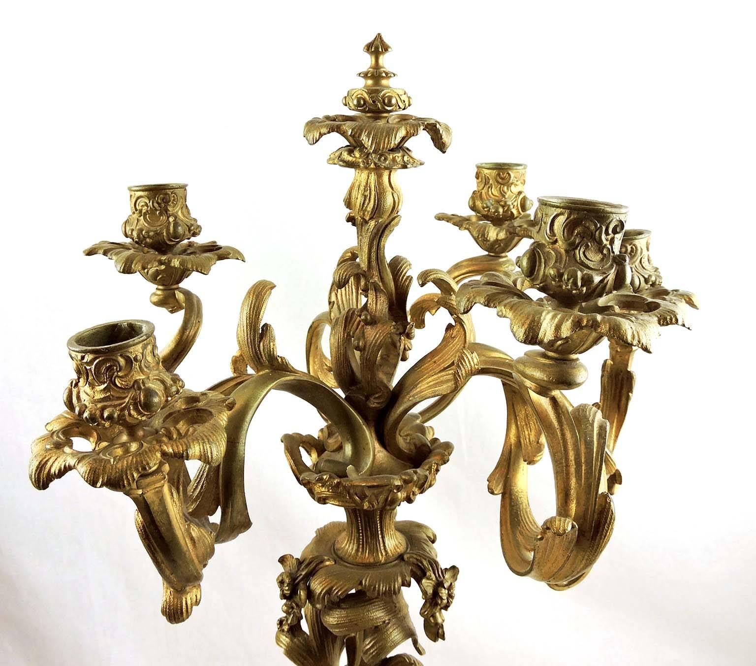 Pair of Large 19th Century Gilt Bronze-Mounted Six-Arm Figural Rococo Candelabra For Sale 3