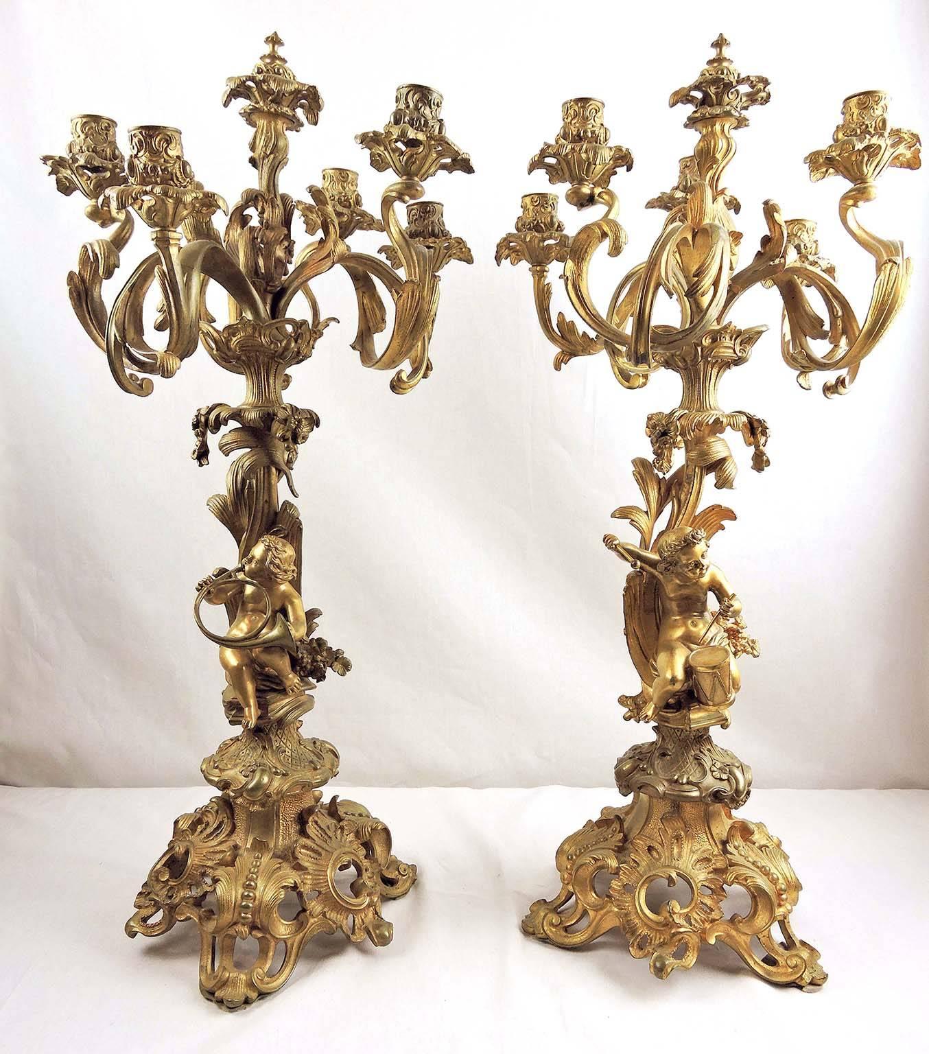 Pair of Large 19th Century Gilt Bronze-Mounted Six-Arm Figural Rococo Candelabra For Sale 1