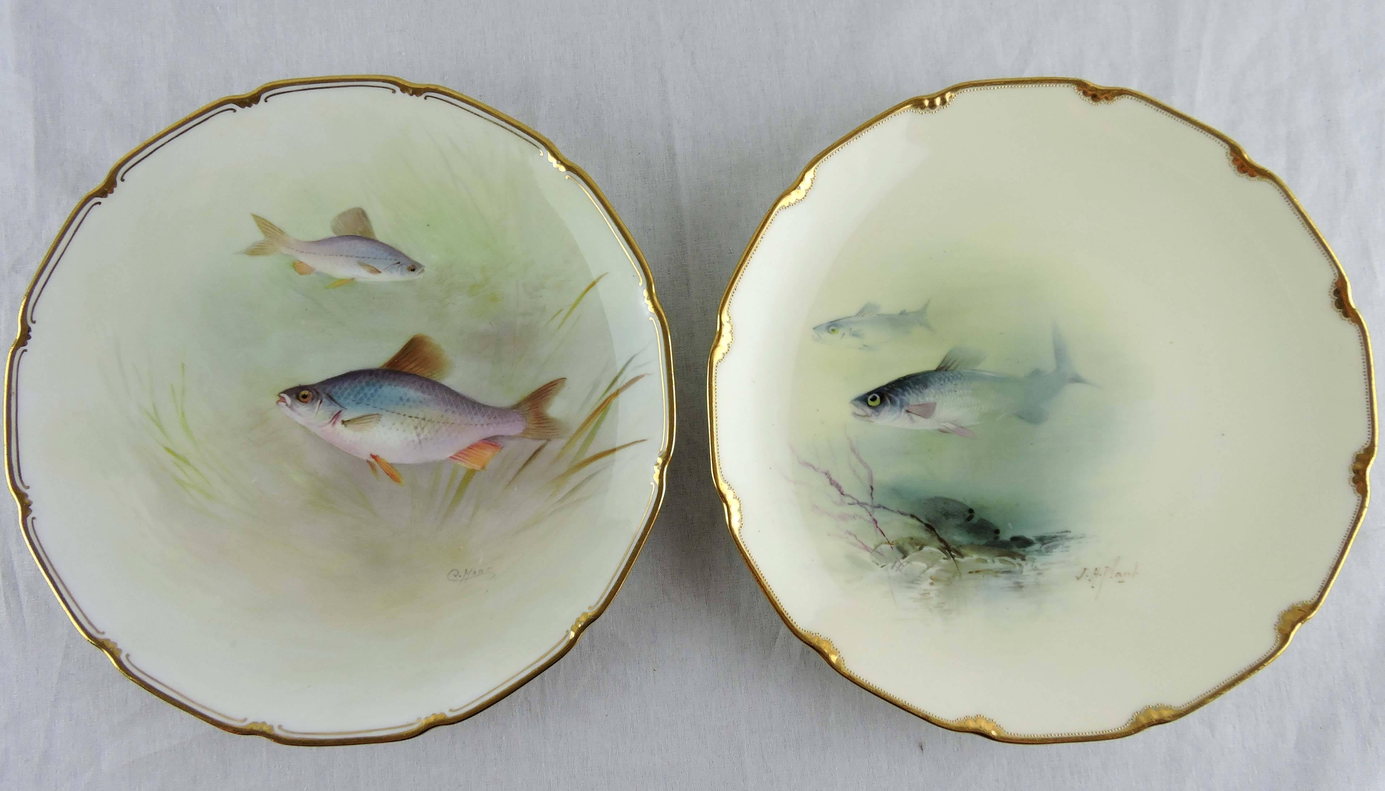 Edwardian Set of Eight Hand-Painted and Signed Royal Doulton Fish Plates, 1902-1922