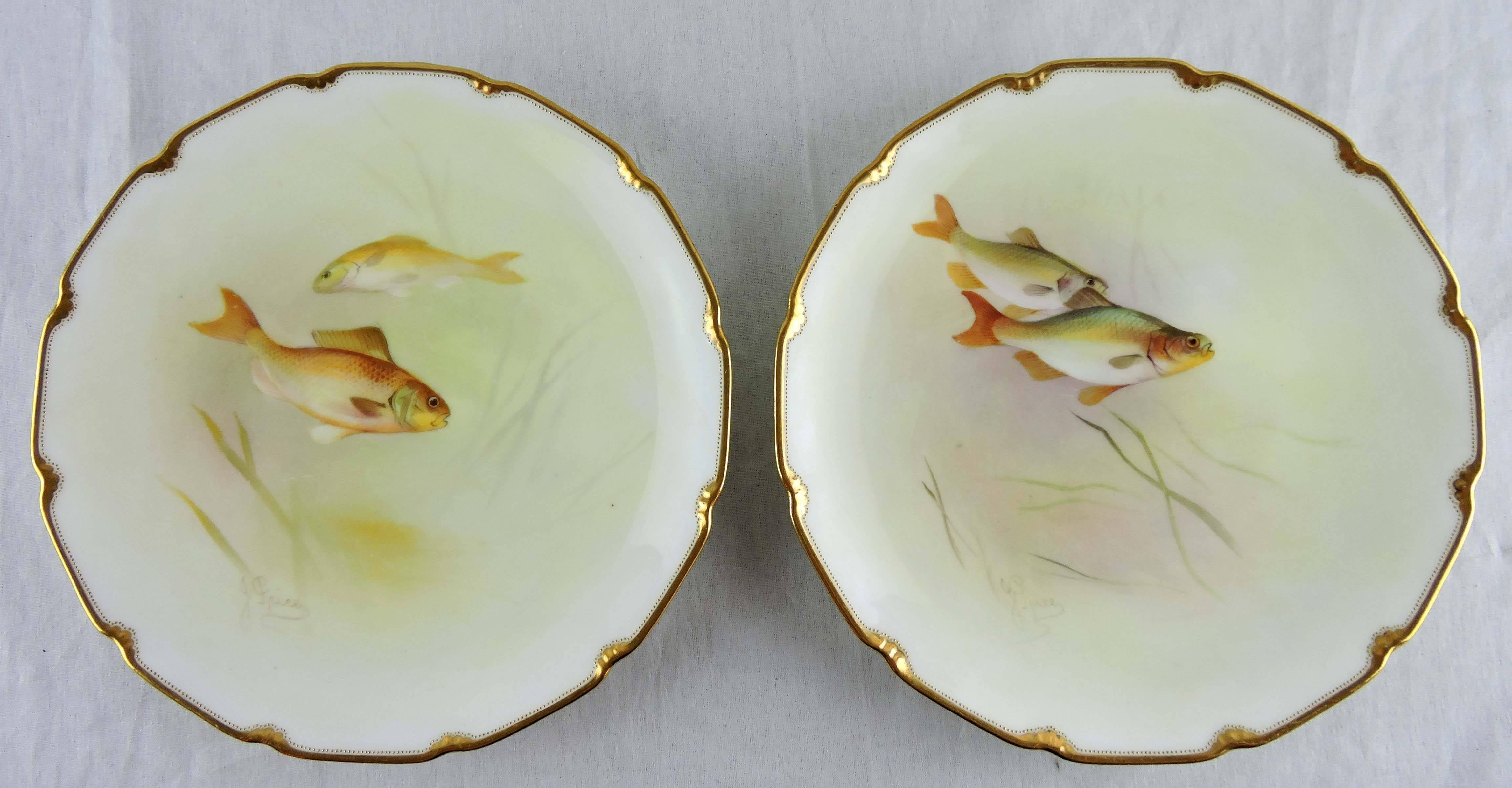 This is a hand-painted set of eight Royal Doulton, decorated with images of fresh water fish in their native habitats, replete with underwater botanicals. Species depicted include: Salmon, Roach, Smelts, Trout, Rudd and Crucian Carp.

The plates