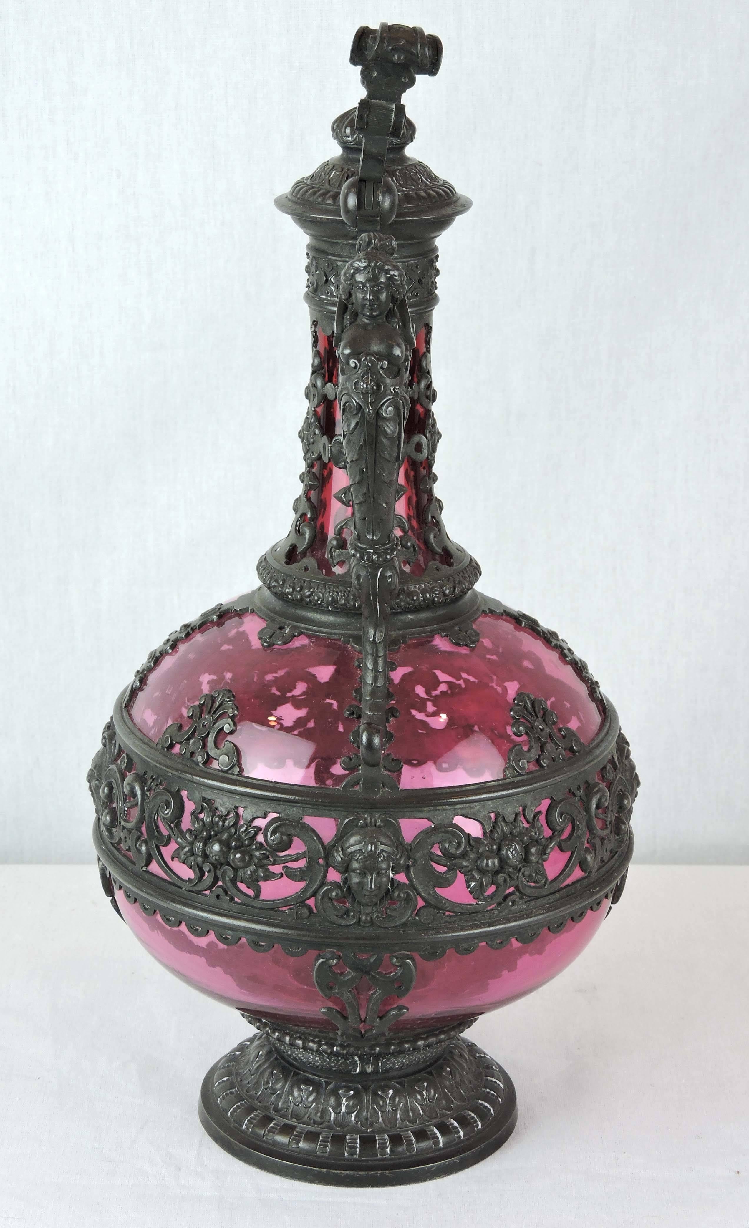 19th Century Continental Cranberry Glass and Metalwork Pedestal Ewer, circa 1870 For Sale 3