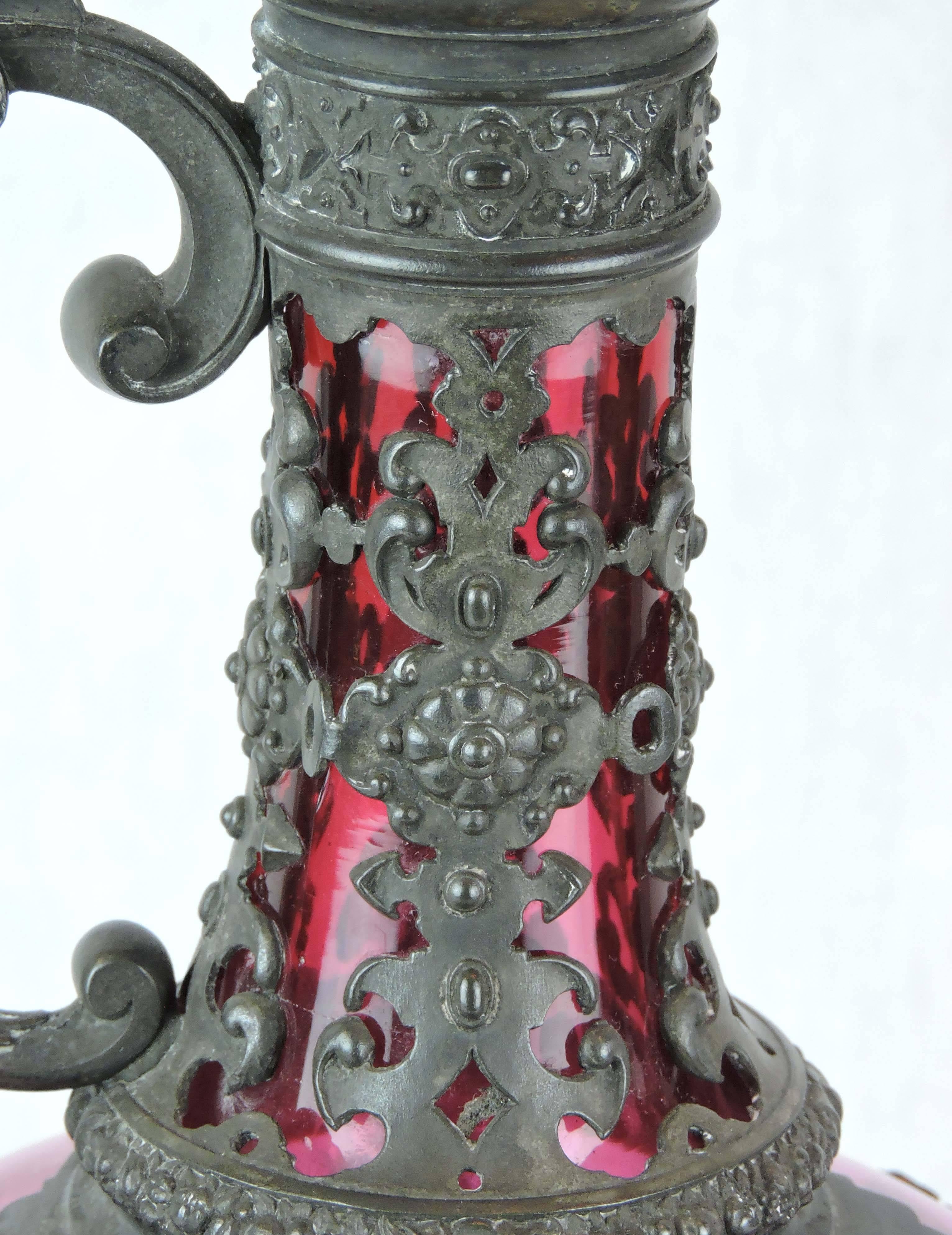 Late 19th Century 19th Century Continental Cranberry Glass and Metalwork Pedestal Ewer, circa 1870 For Sale