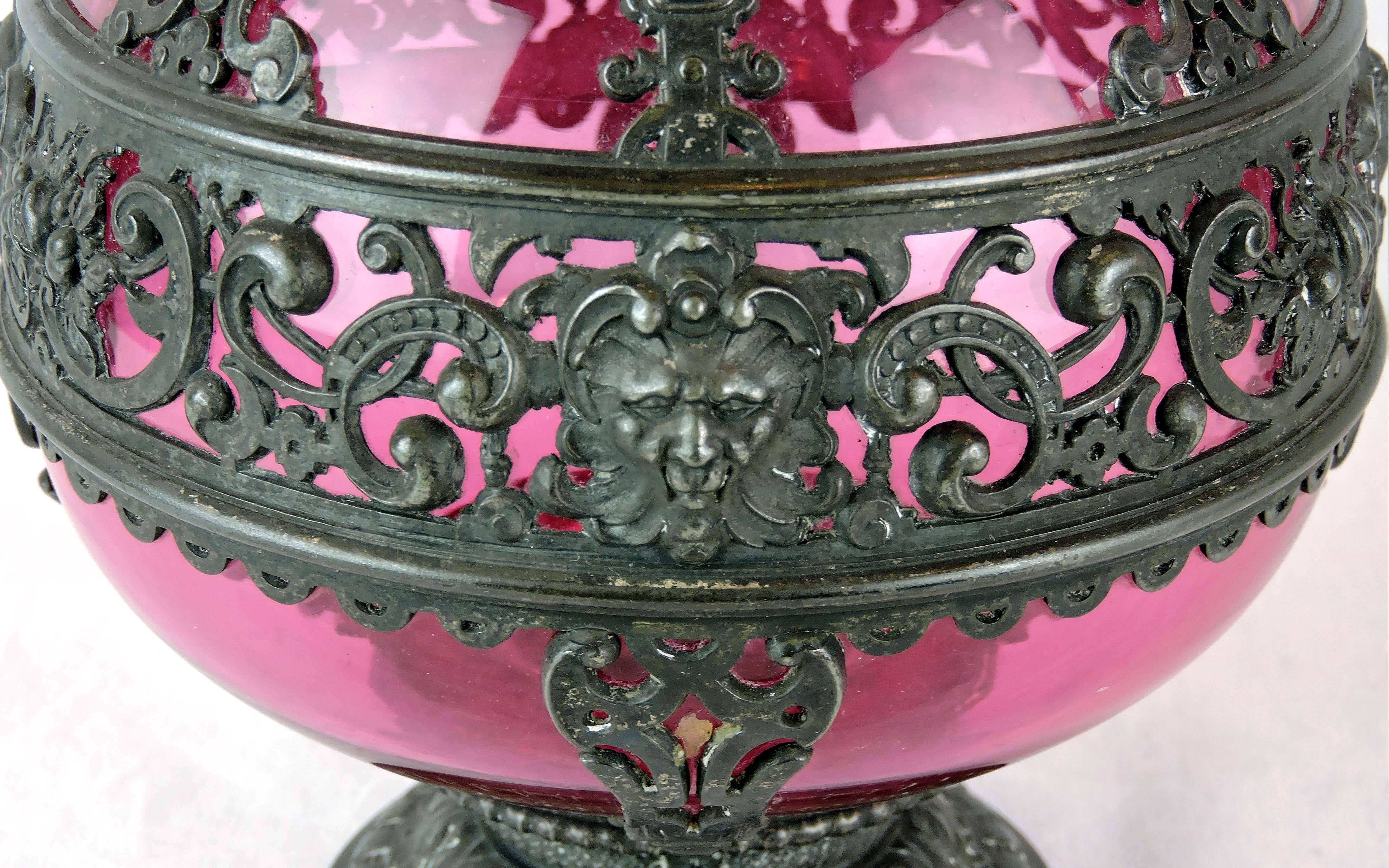 19th Century Continental Cranberry Glass and Metalwork Pedestal Ewer, circa 1870 For Sale 2