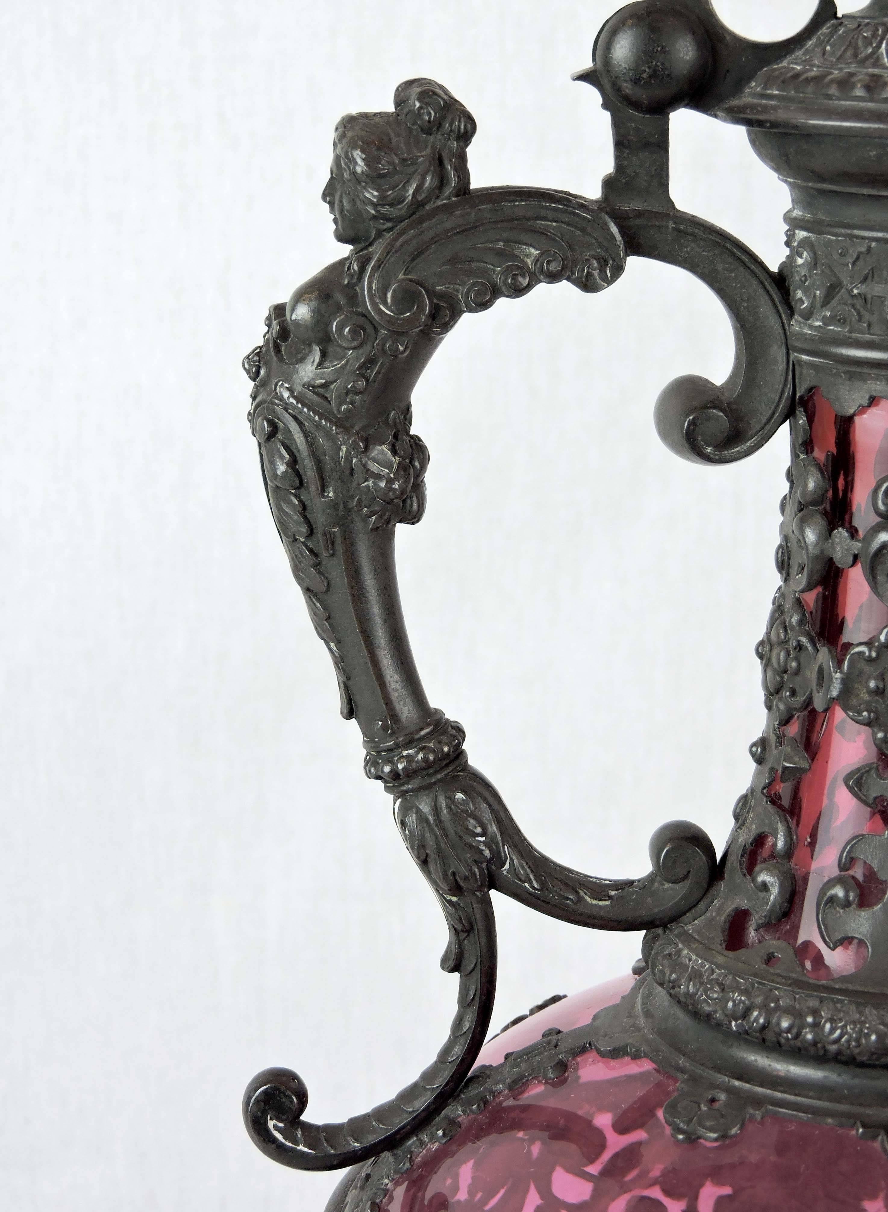 Jacobean 19th Century Continental Cranberry Glass and Metalwork Pedestal Ewer, circa 1870 For Sale