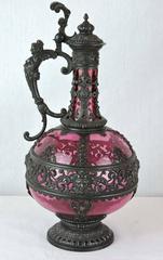 19th Century Continental Cranberry Glass and Metalwork Pedestal Ewer, circa 1870