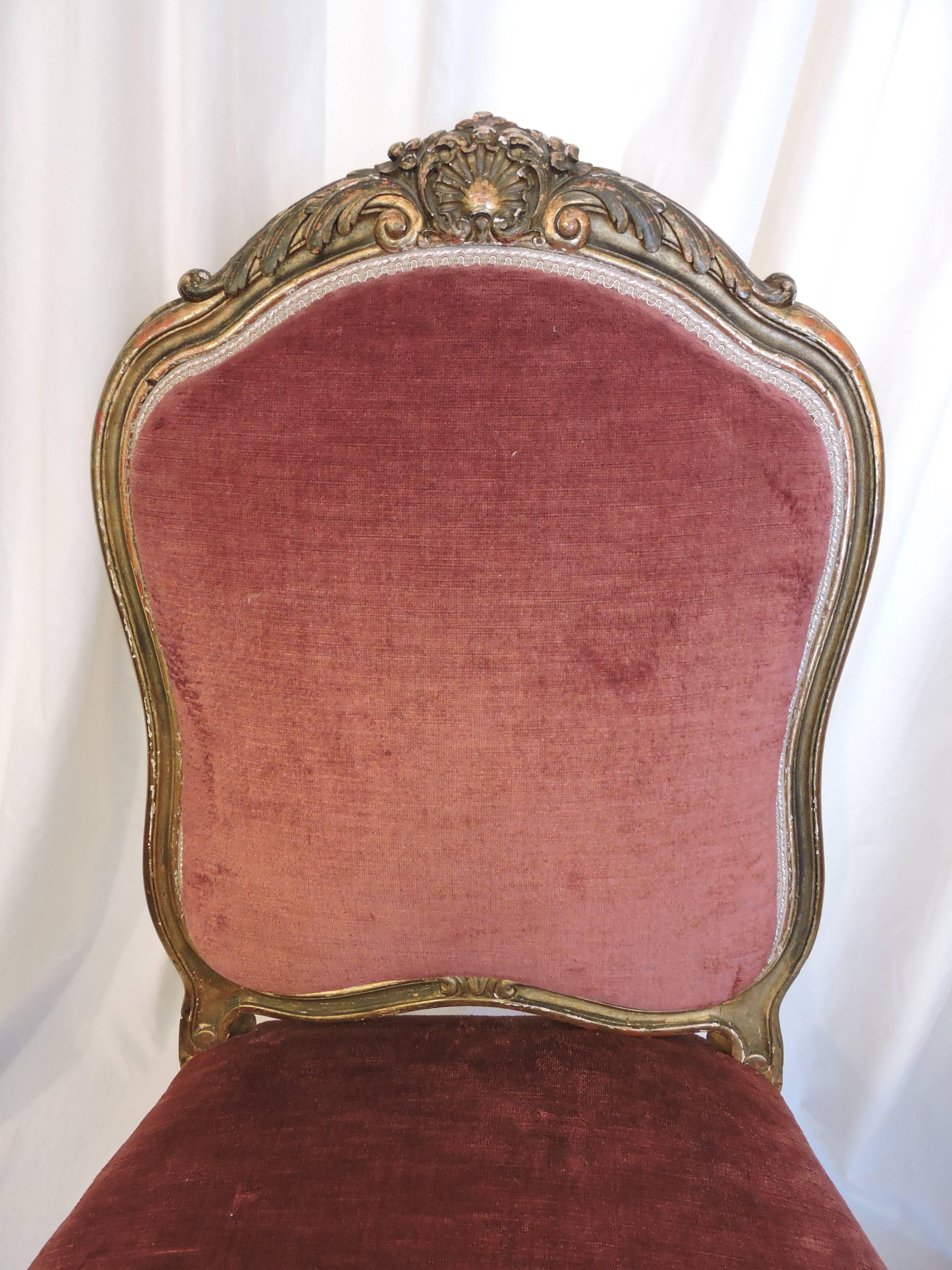 Pair of Giltwood and Rose Velvet 19th Century Louis XV Style Chairs 2