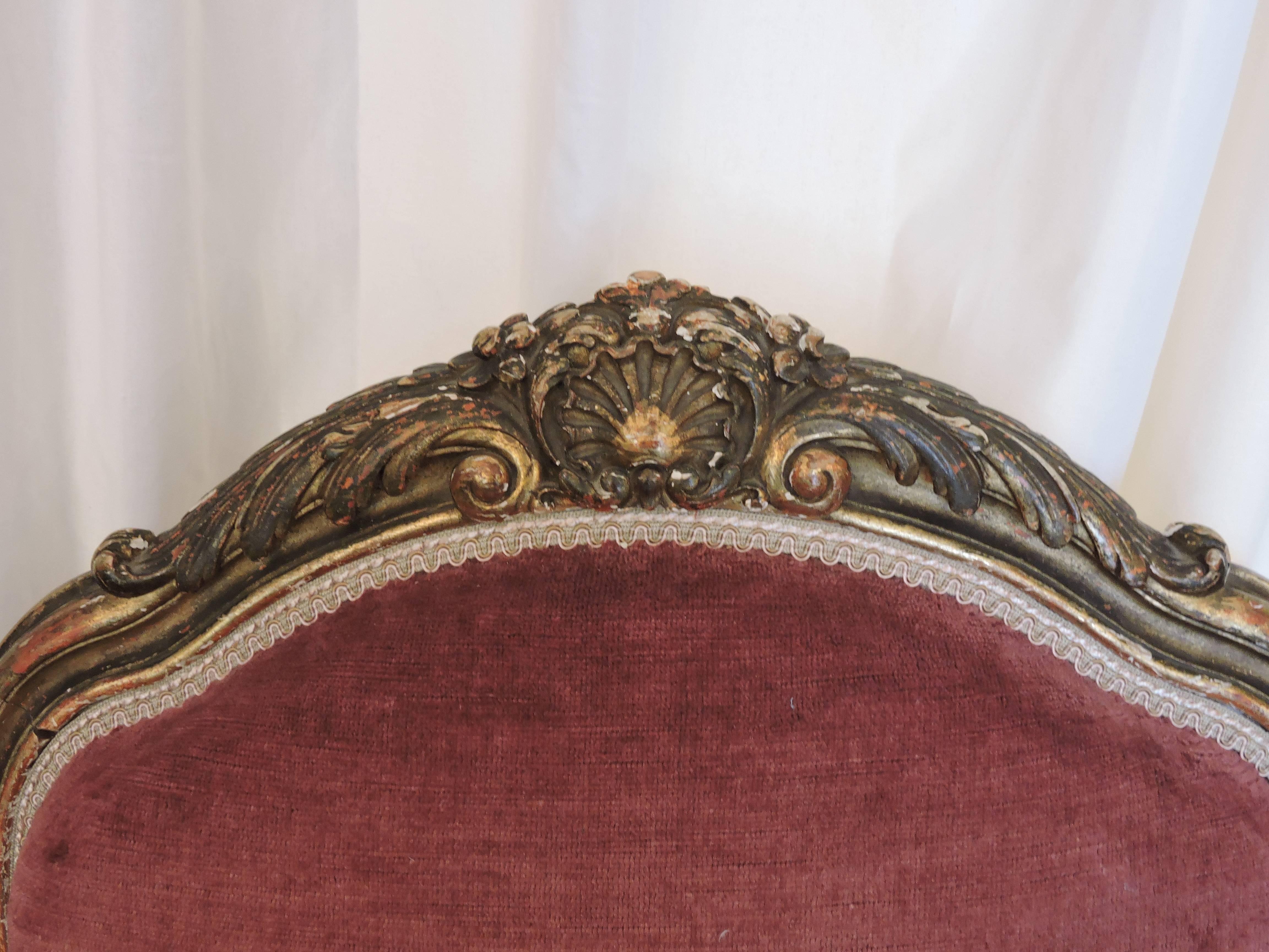 Pair of Giltwood and Rose Velvet 19th Century Louis XV Style Chairs 3