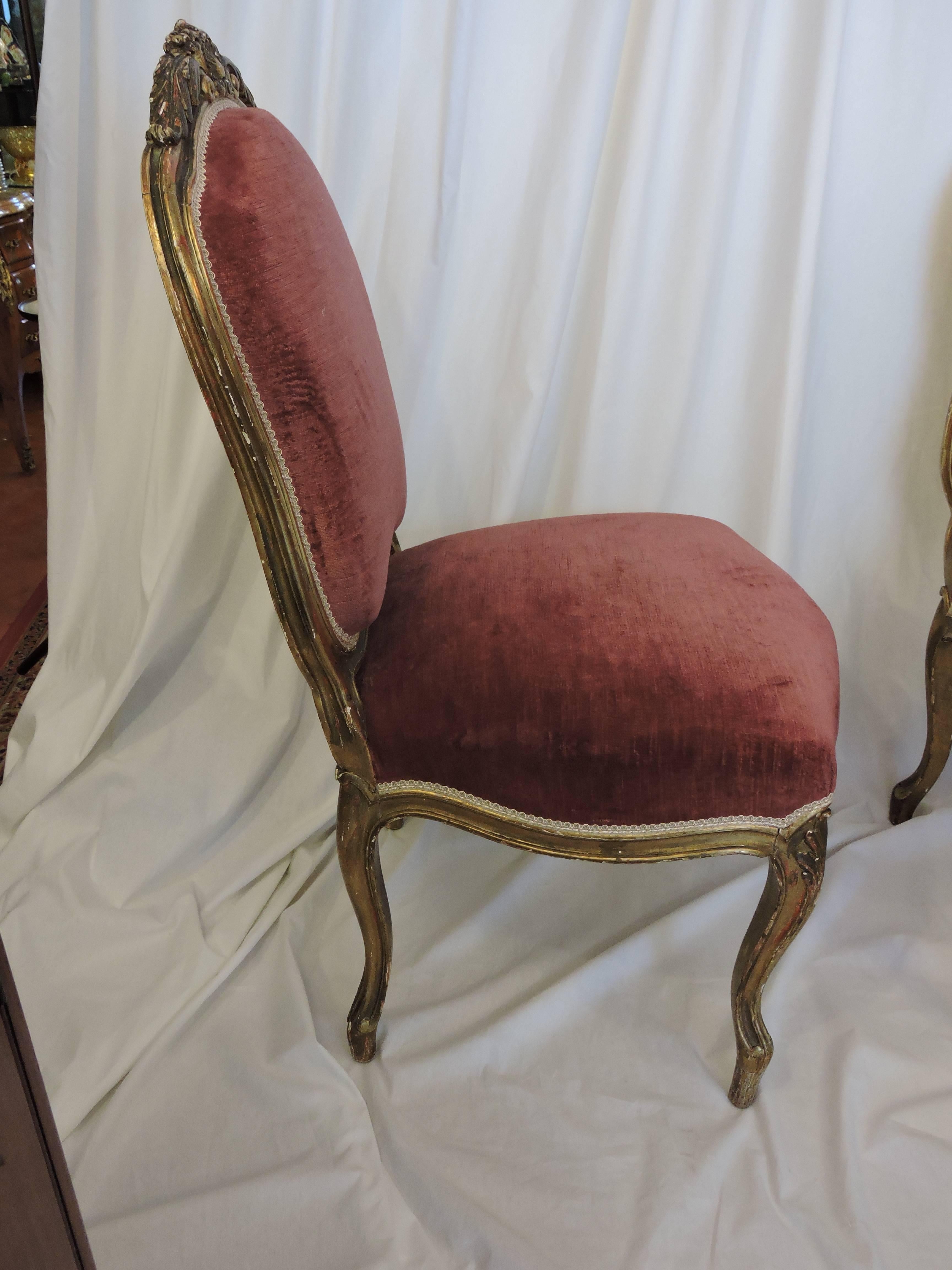 French Pair of Giltwood and Rose Velvet 19th Century Louis XV Style Chairs