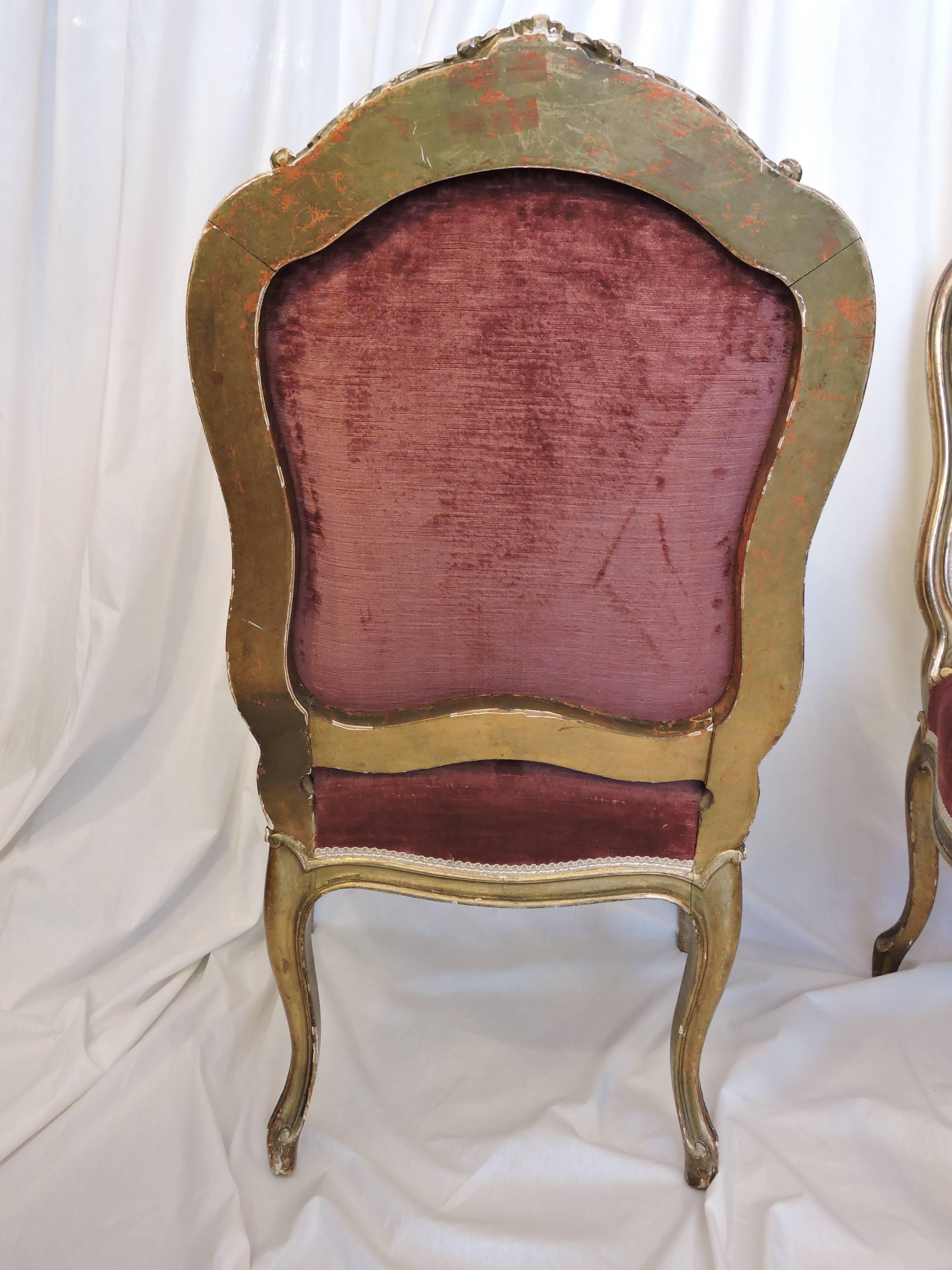 Pair of Giltwood and Rose Velvet 19th Century Louis XV Style Chairs 5