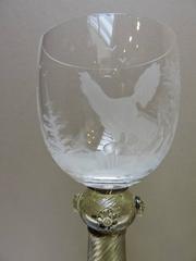 Set of Four Theresienthal Wine Goblets, Kurfurst Engraved Hunting Scenes
