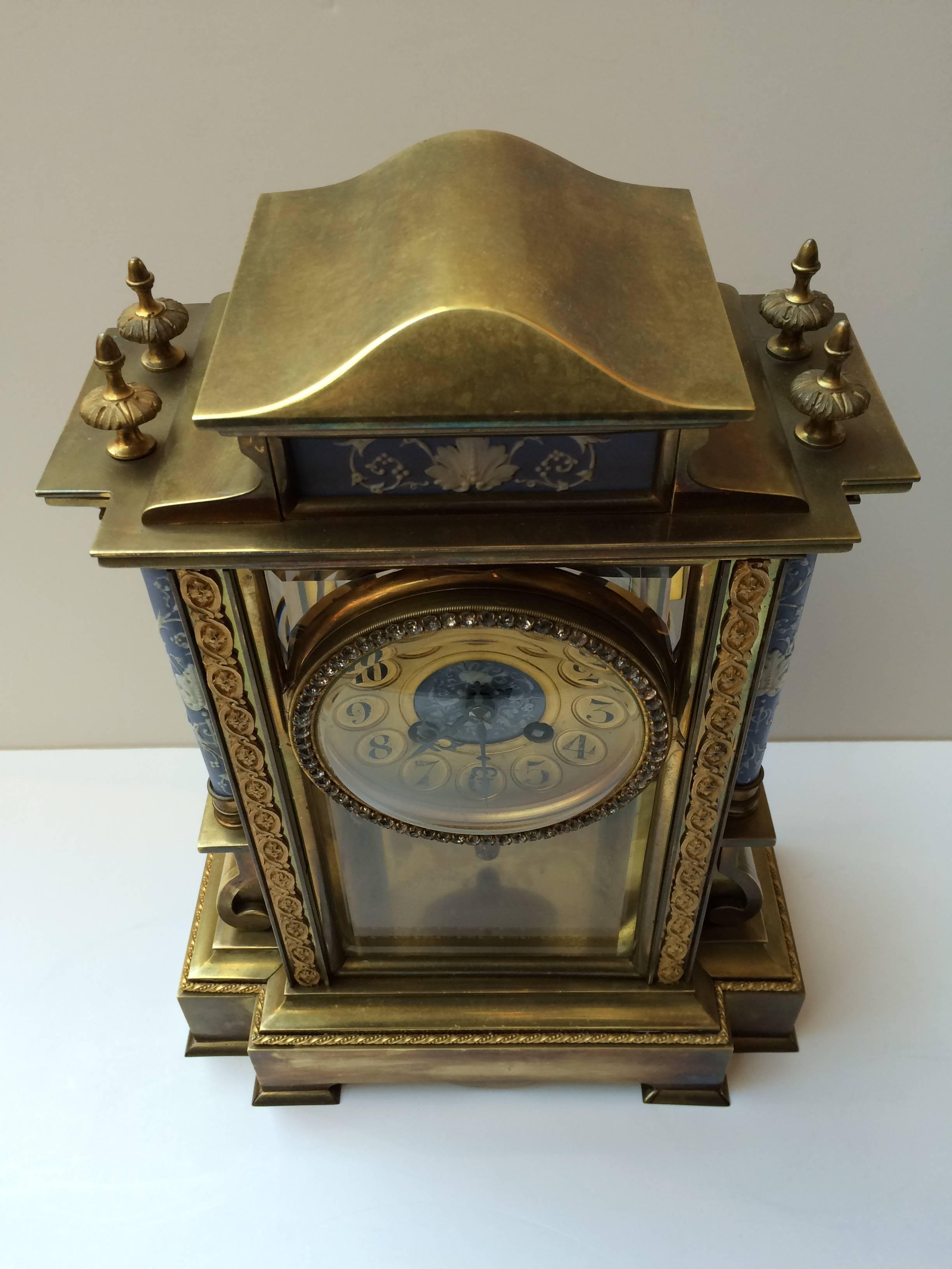 French Japy Freres Bronze Mantle Clock with Porcelain Ornaments and Paste Jewels