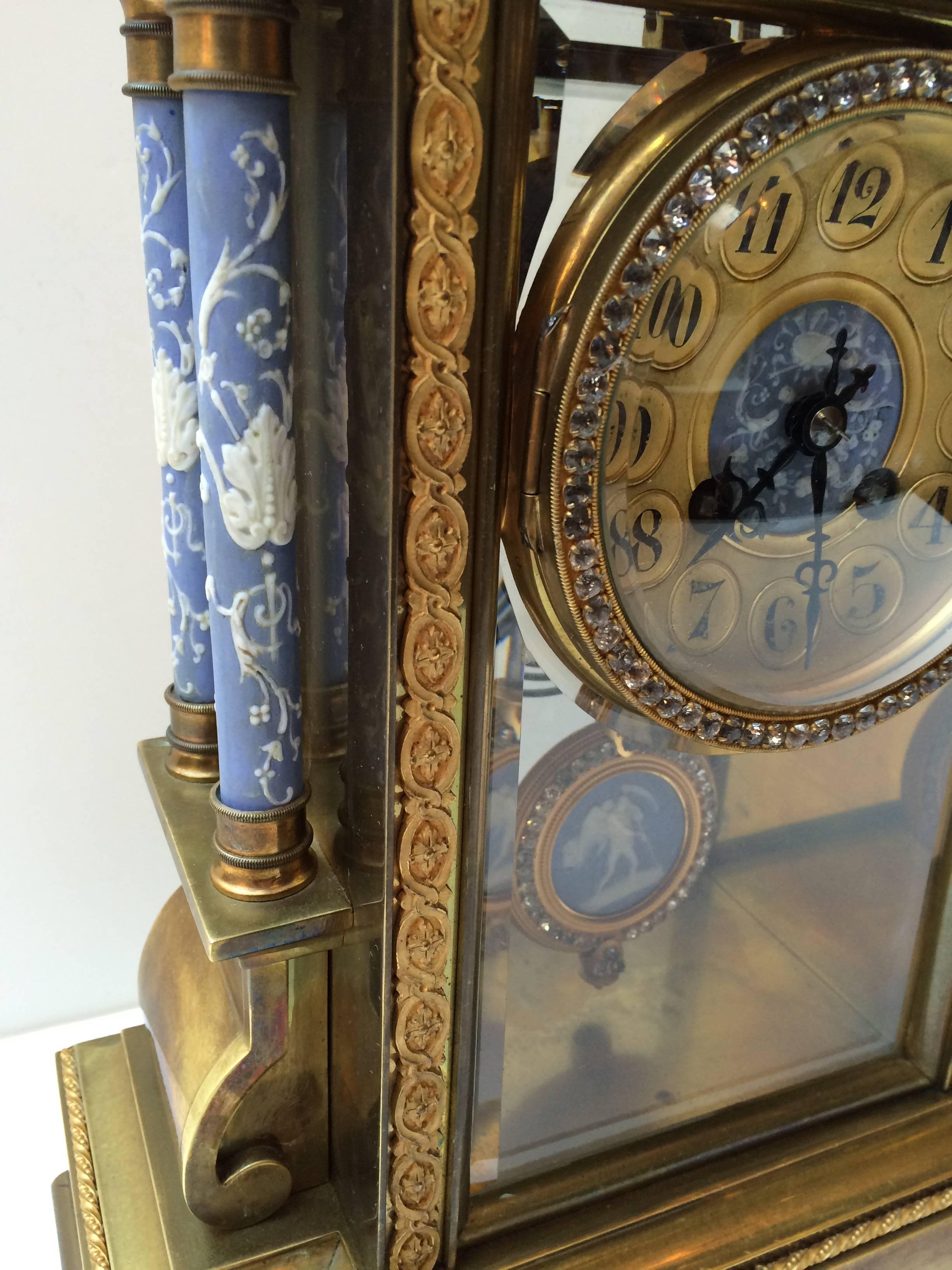 Neoclassical Revival Japy Freres Bronze Mantle Clock with Porcelain Ornaments and Paste Jewels
