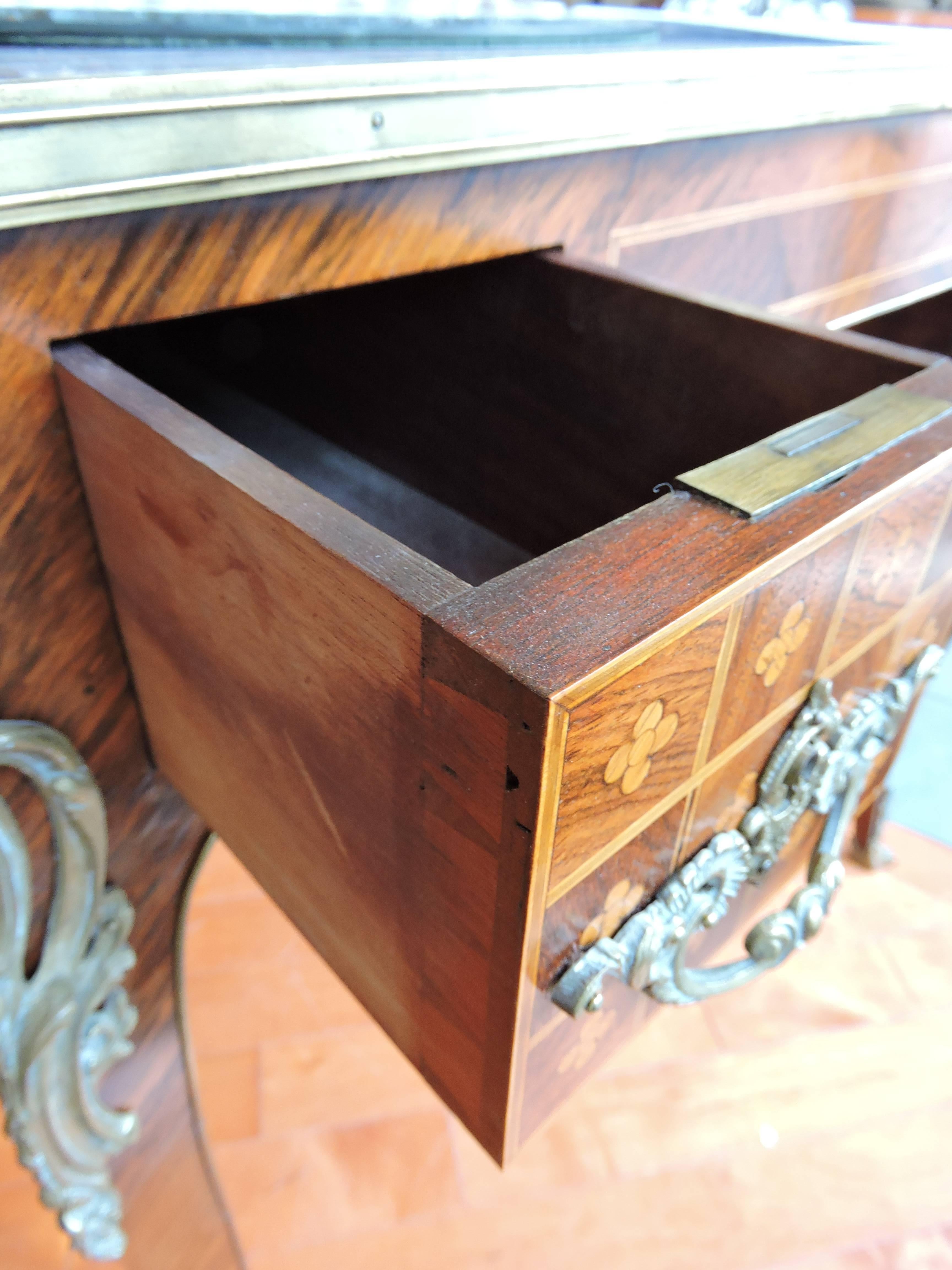 19th Century French Petite Writing Table with Leather Top, Bronze Mounts and Marquetry Inlay