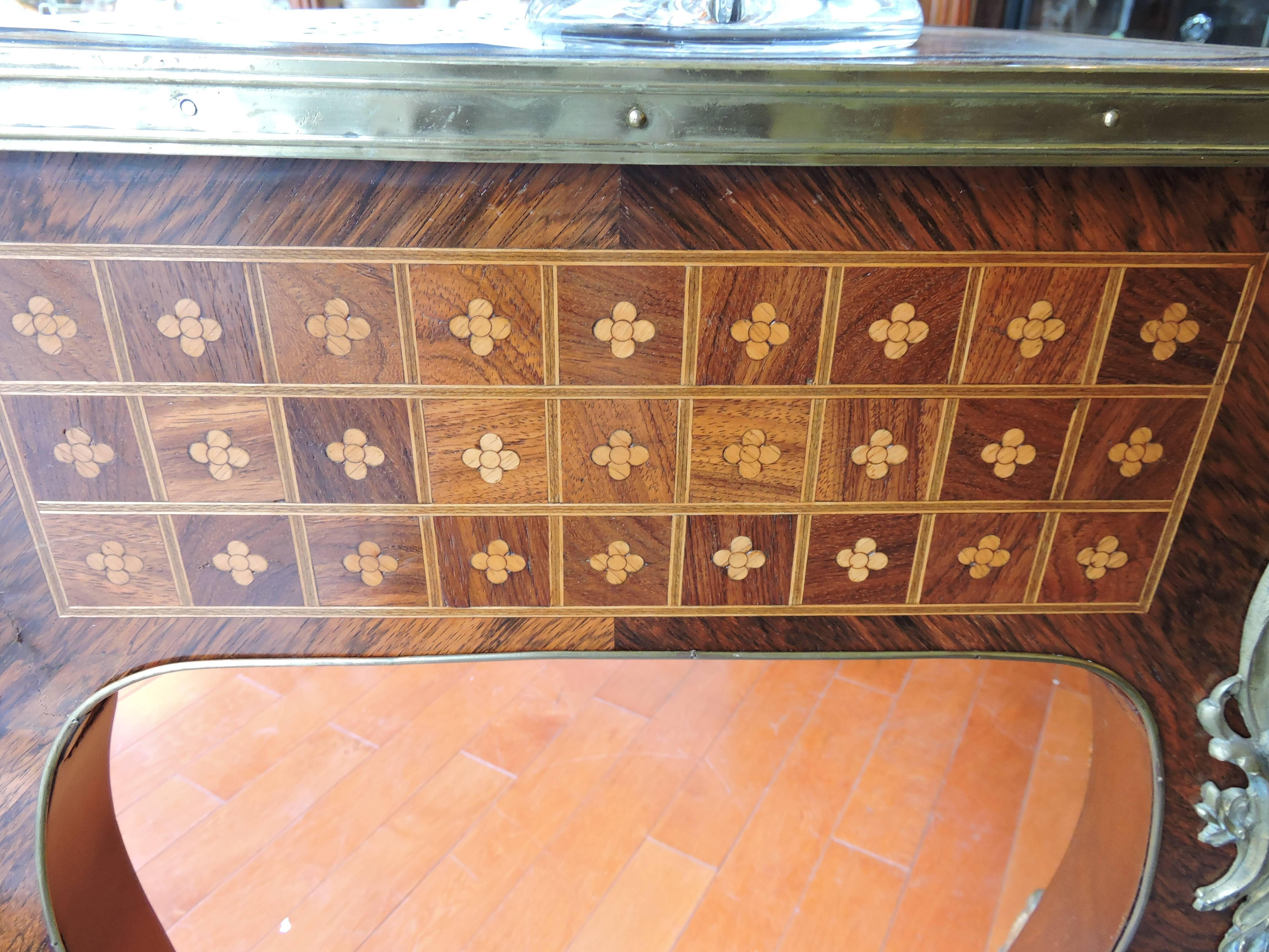 Louis XV French Petite Writing Table with Leather Top, Bronze Mounts and Marquetry Inlay