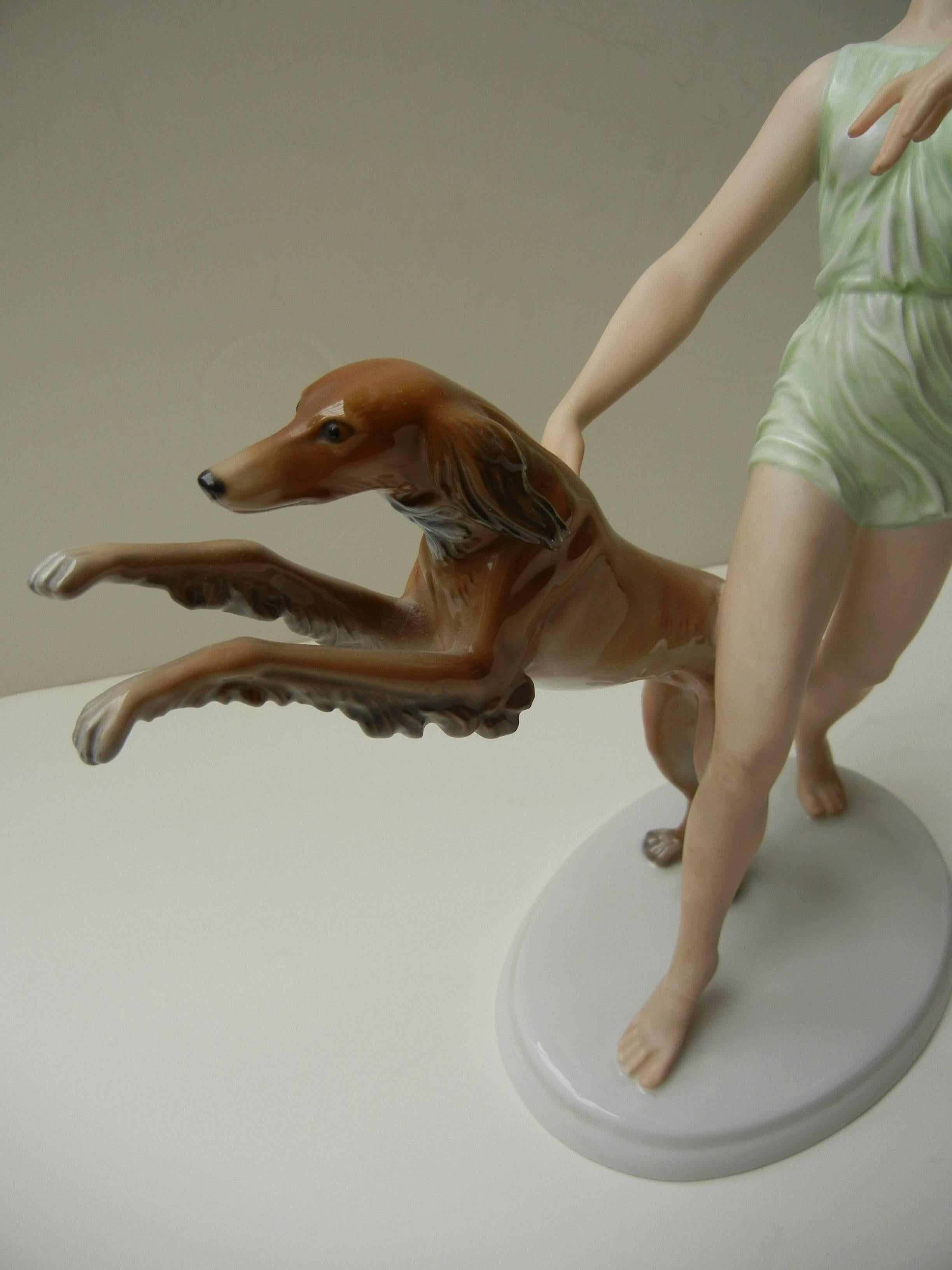 Rosenthal Art Deco Porcelain Running Lady & Saluki Dog Designed by Gustav Oppel For Sale 2