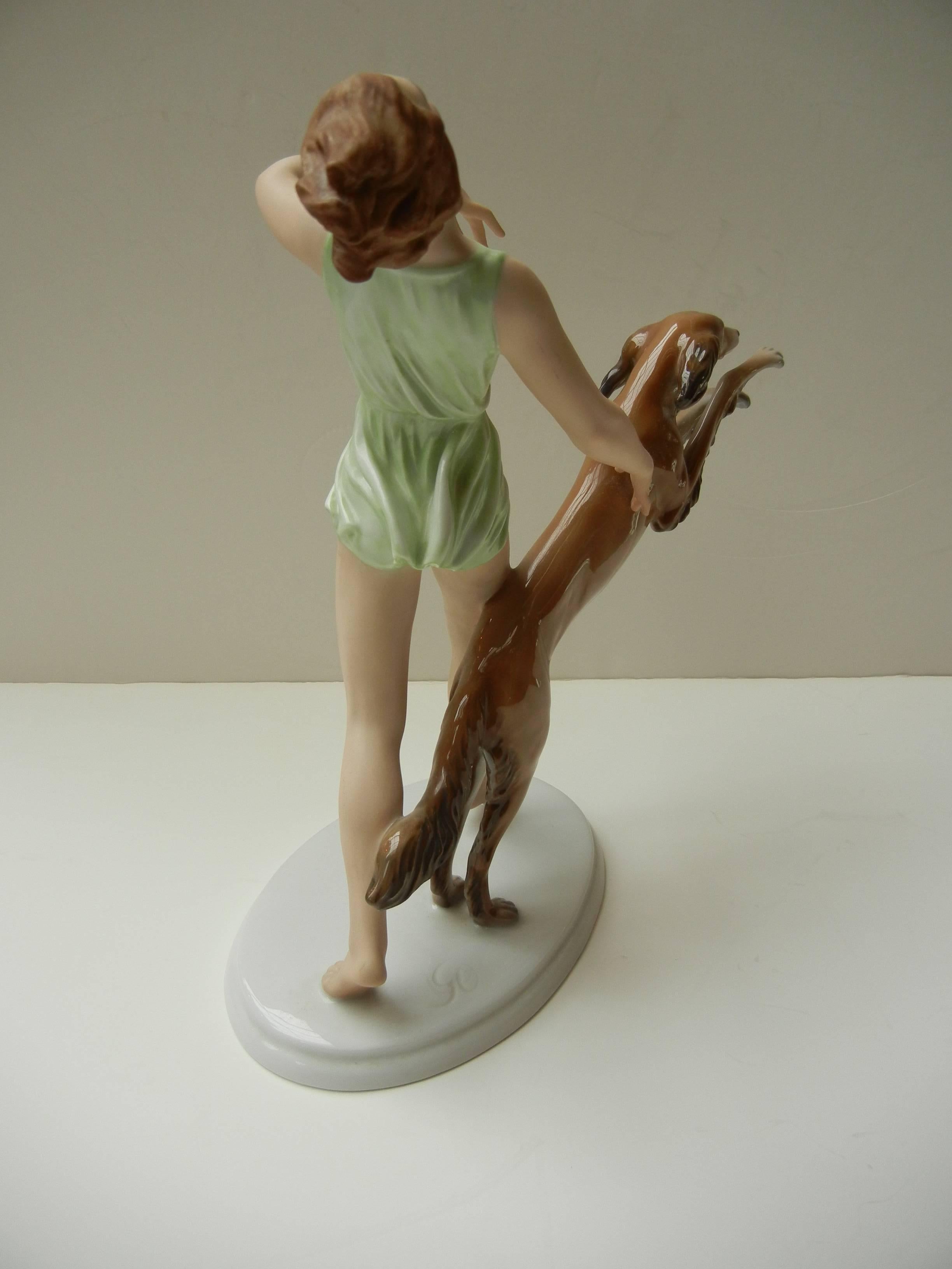 German Rosenthal Art Deco Porcelain Running Lady & Saluki Dog Designed by Gustav Oppel For Sale