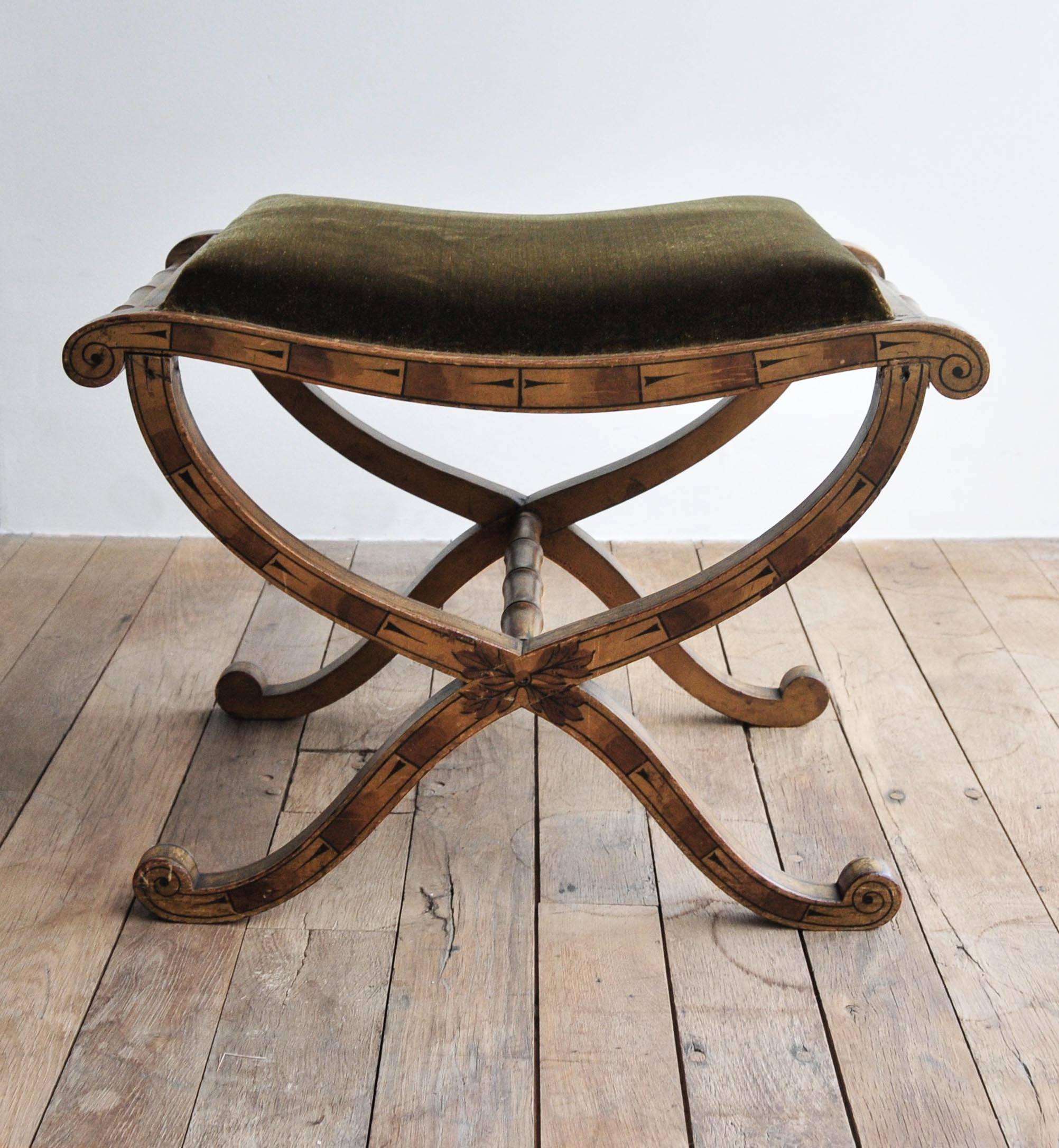 With painted wooden frame and carved bamboo stretchers, traditionally upholstered with hand-stitched horsehair and lichen colored mohair velvet,

England, circa 1815.
