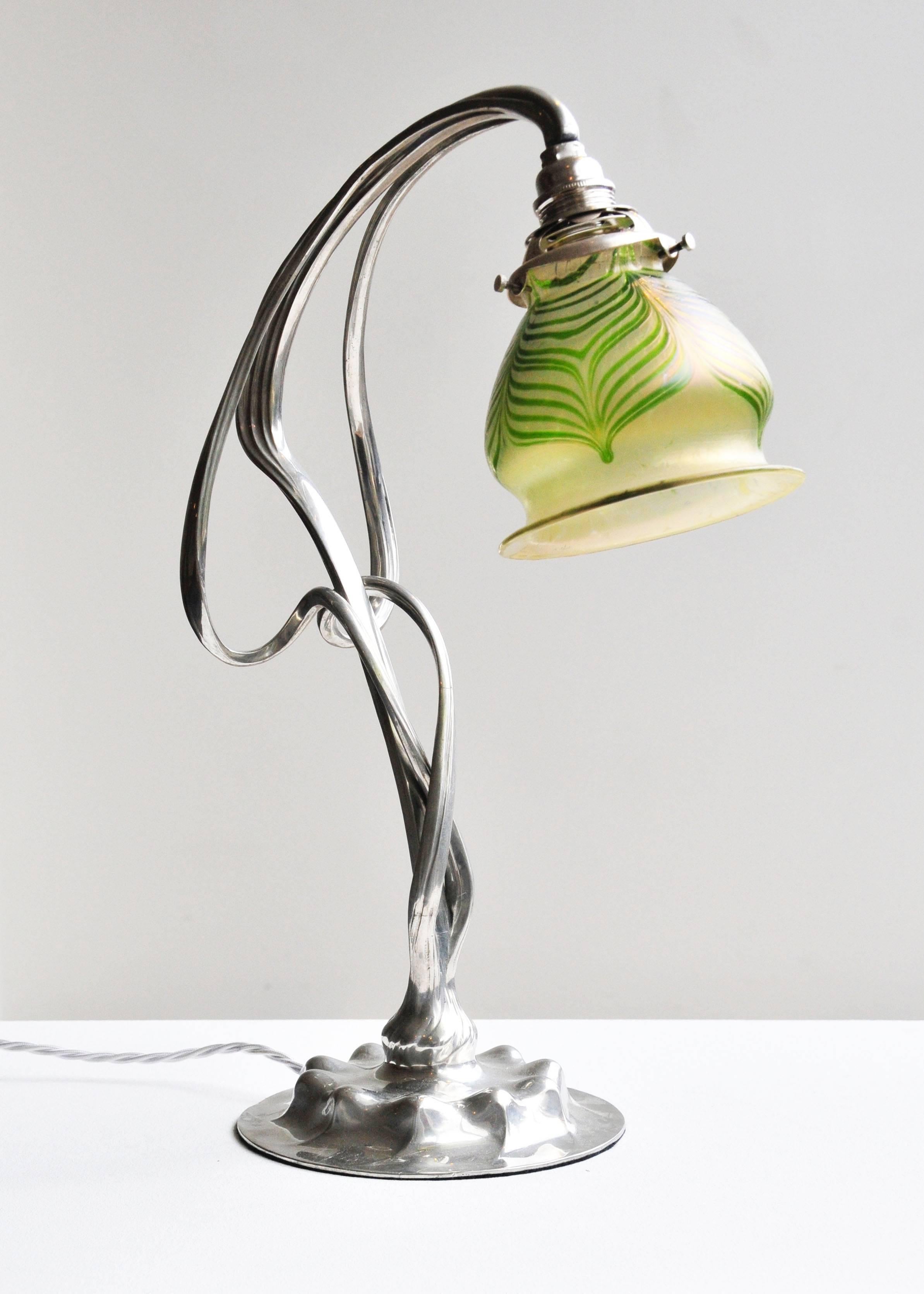 German Art Nouveau Pewter Lamp by Orivit with Loetz Glass Shade For Sale