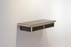 Art Deco French Minimalist Black Opaline Glass and Brass Wall-Mounted Console