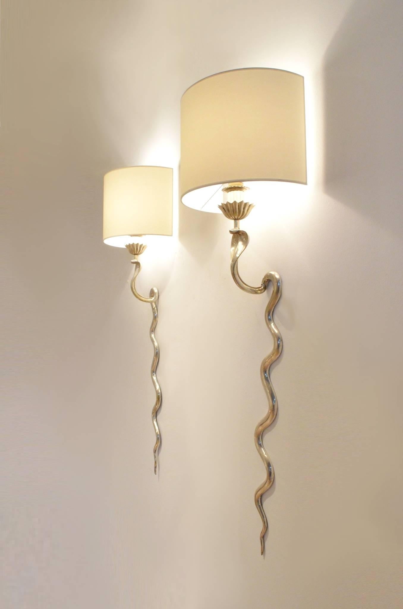 Mid-Century Modern Two French Design Maison Jansen Style Cobra Silver Gilded Brass Wall Sconces