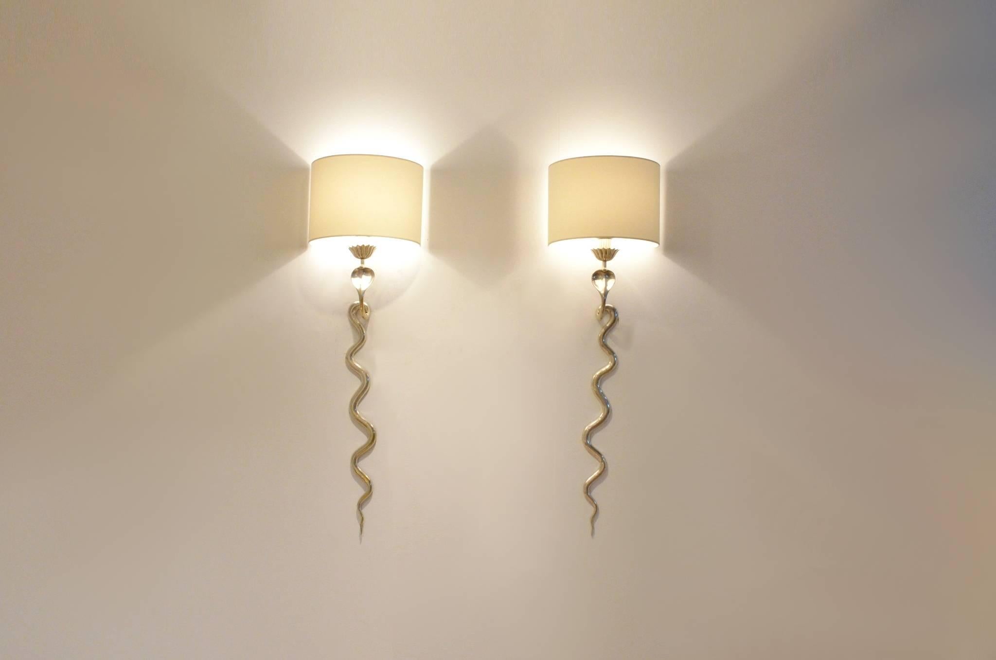 Two French Design Maison Jansen Style Cobra Silver Gilded Brass Wall Sconces 1