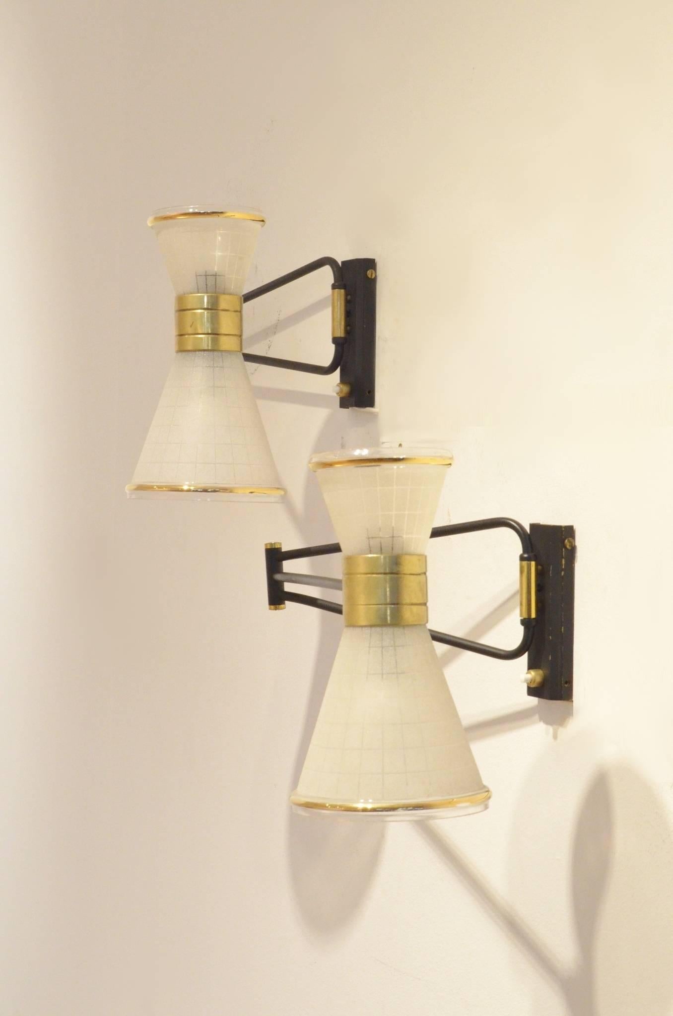 Two Mid-Century Modern French Design Brass and Glass Wall Lamps Sconces 2