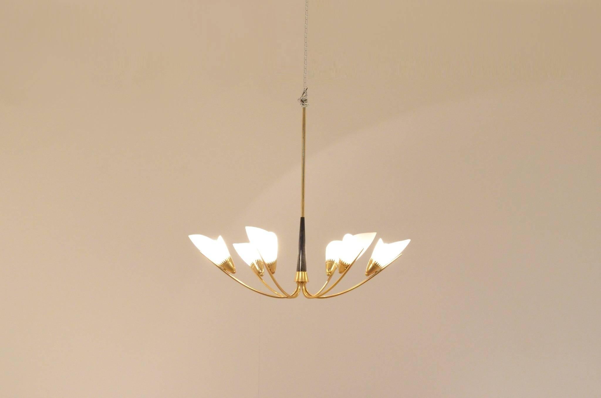 Delicate French, Mid-Century glass and brass tulip shaped chandelier.