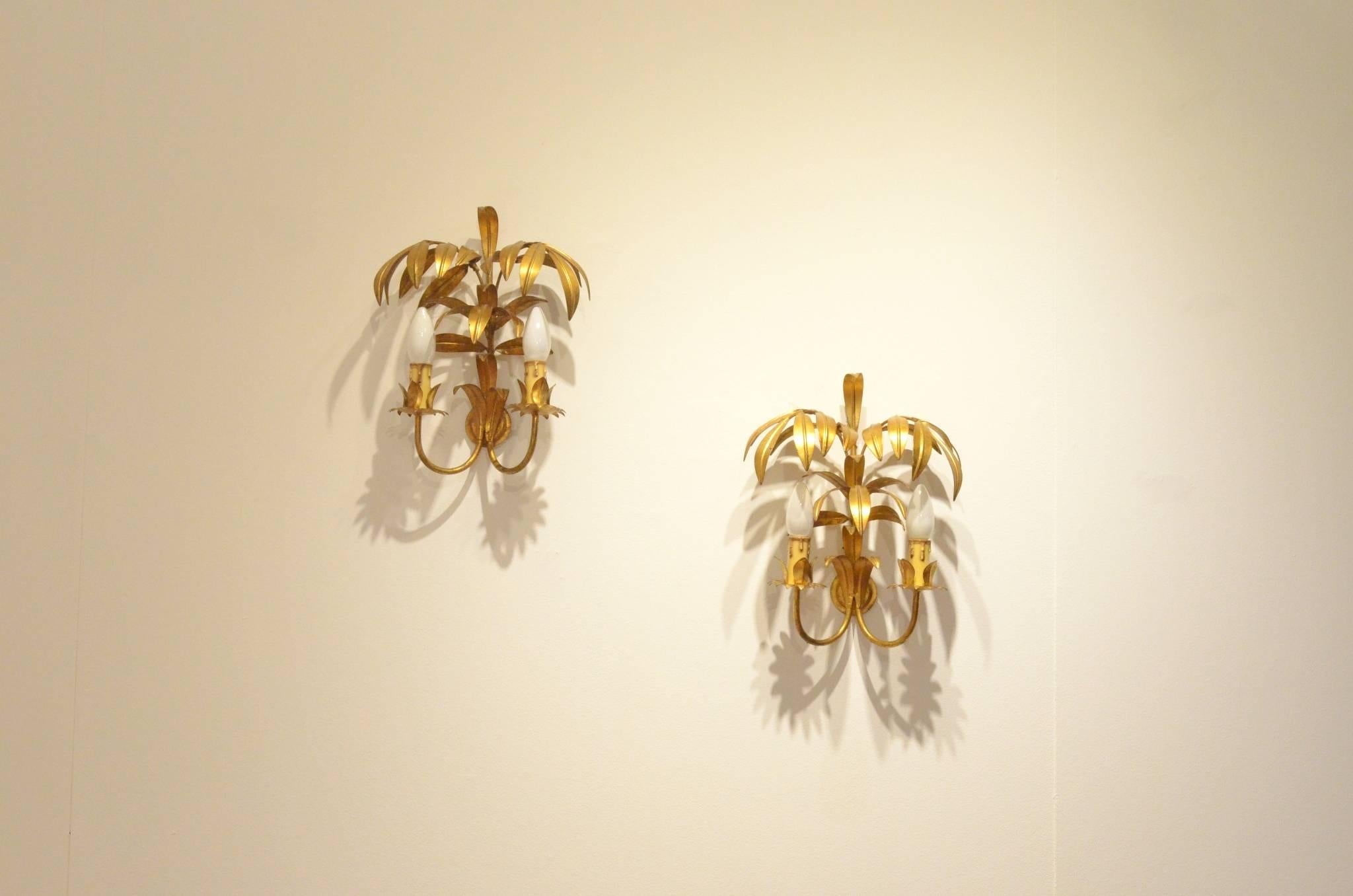 Set of two French 1950s wall sconces made of golden iron representing palm tree leaves.