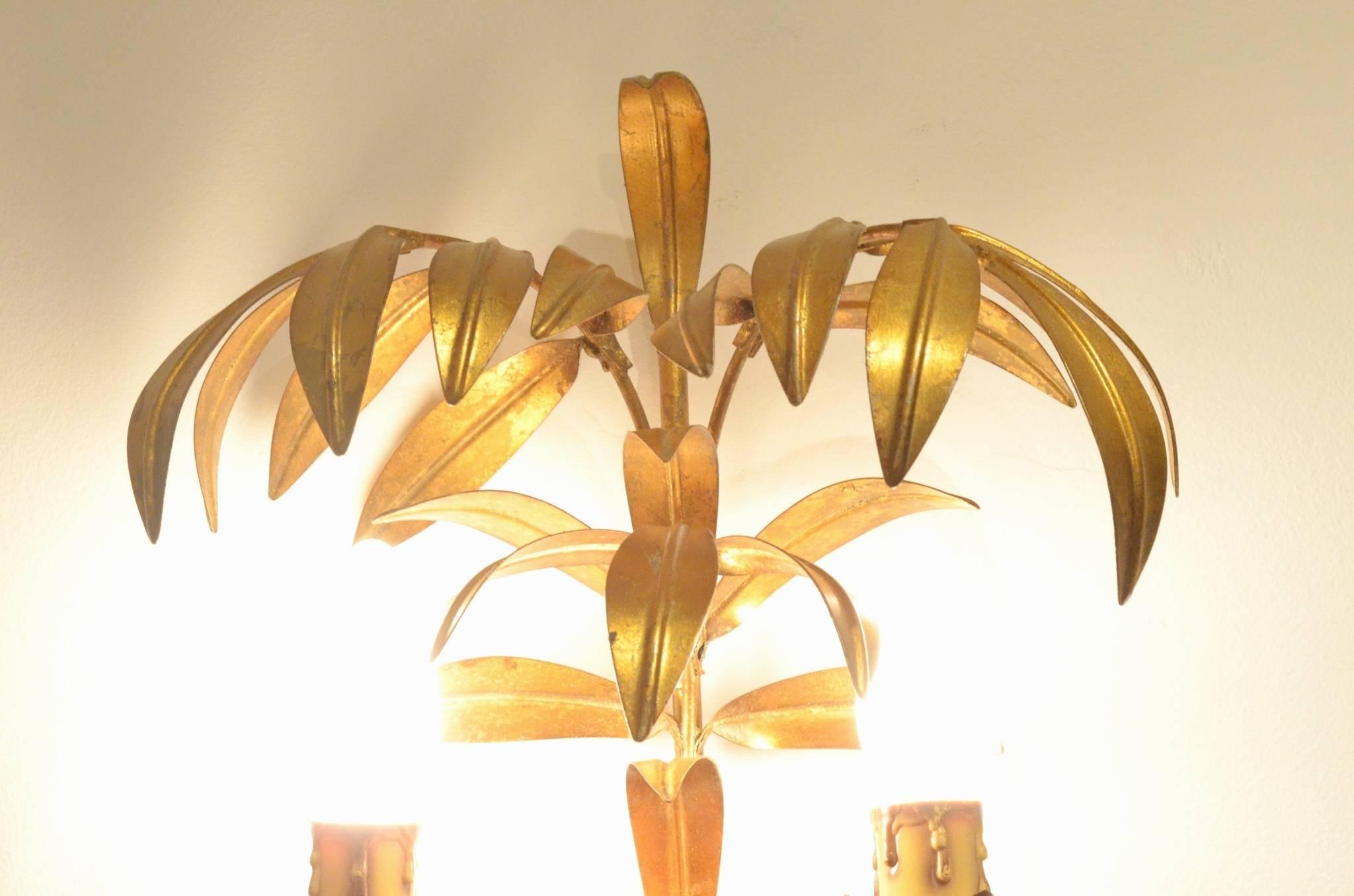 Two French Mid-Century Design Maison Jansen Style Metal Palm Tree Wall Sconce In Excellent Condition In Brussels, Ixelles