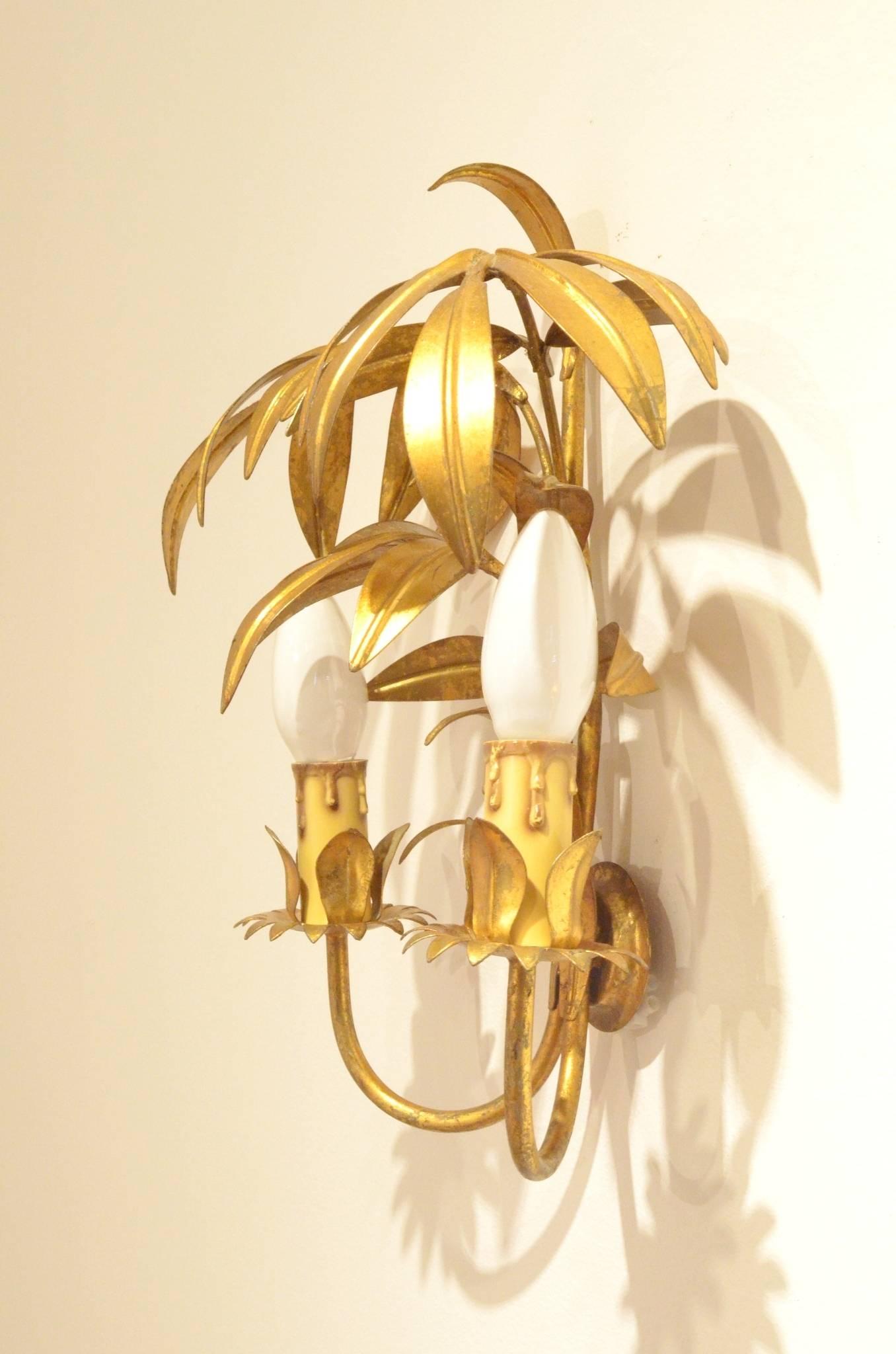 Mid-20th Century Two French Mid-Century Design Maison Jansen Style Metal Palm Tree Wall Sconce
