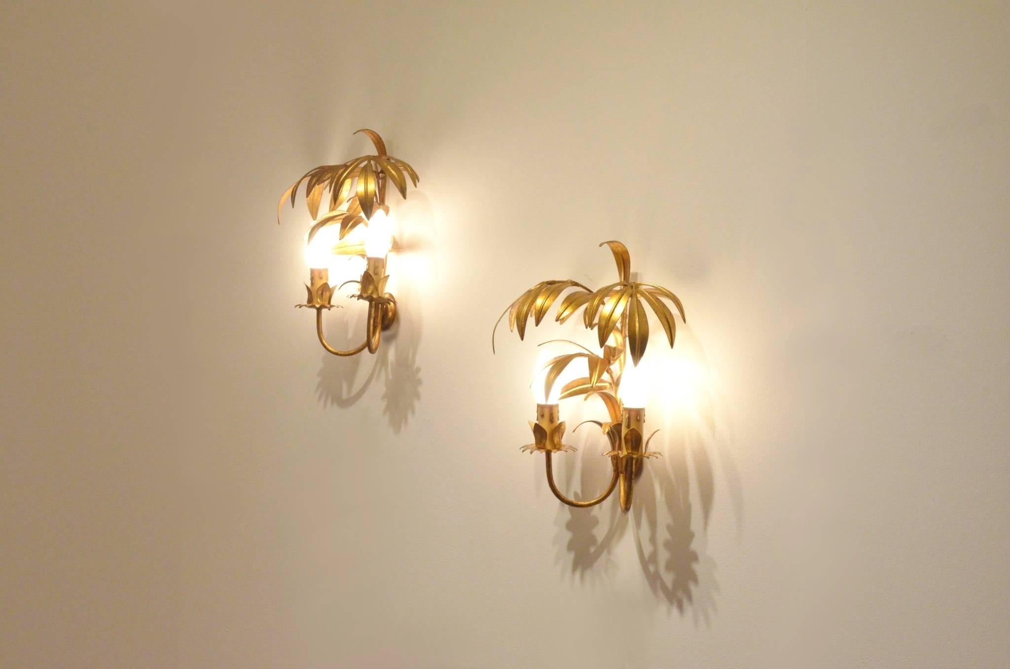 Iron Two French Mid-Century Design Maison Jansen Style Metal Palm Tree Wall Sconce
