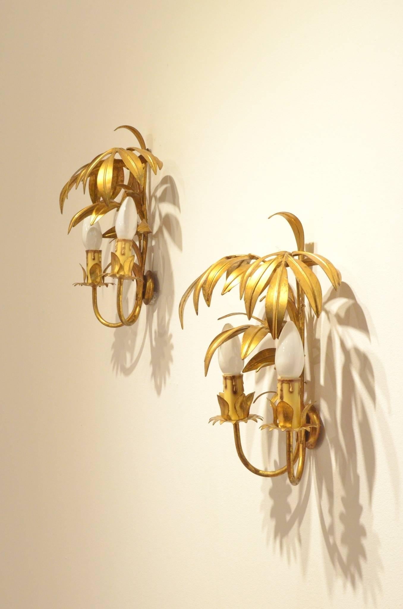 Two French Mid-Century Design Maison Jansen Style Metal Palm Tree Wall Sconce 1