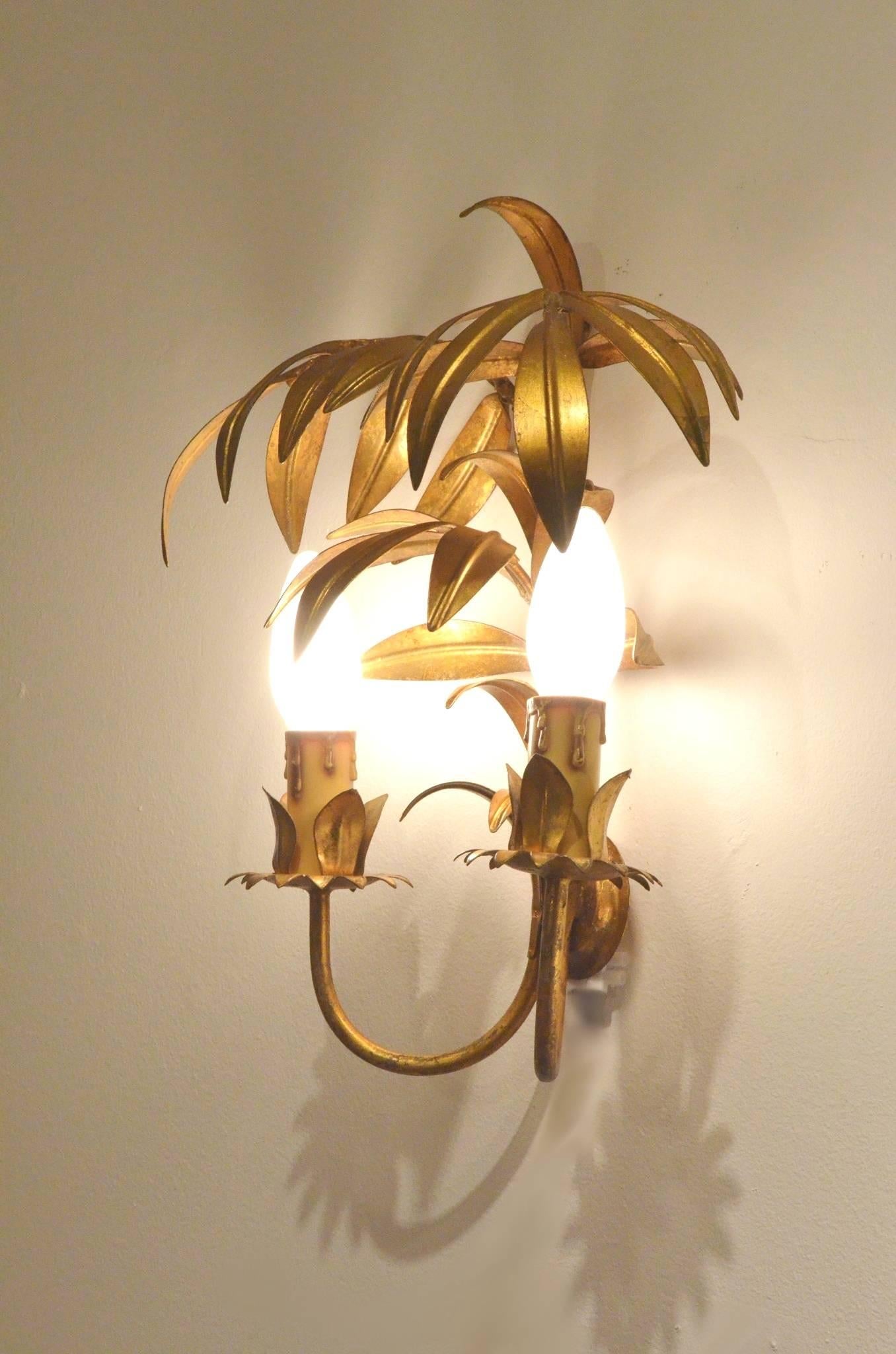 Two French Mid-Century Design Maison Jansen Style Metal Palm Tree Wall Sconce 2