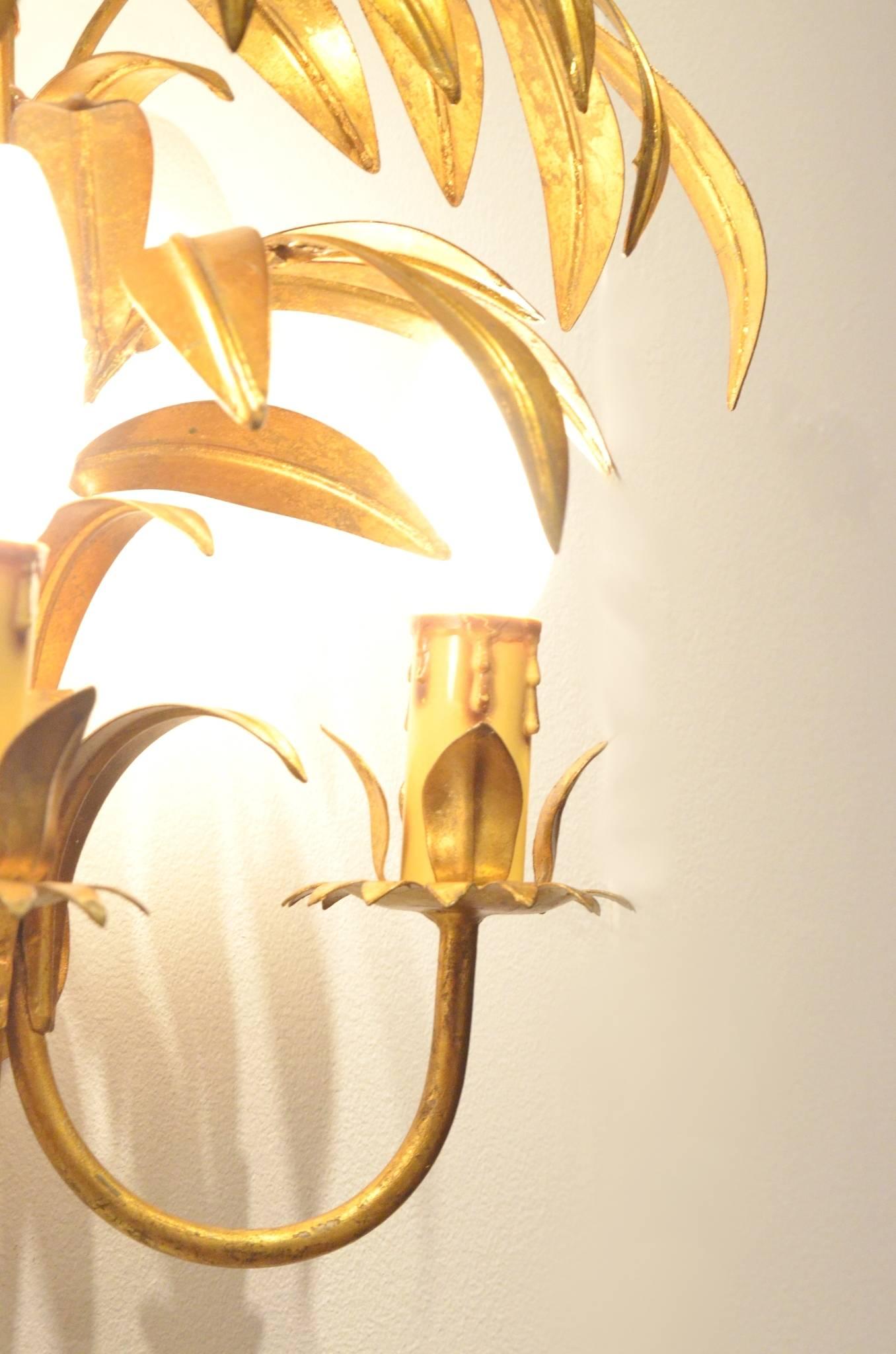 Two French Mid-Century Design Maison Jansen Style Metal Palm Tree Wall Sconce 3