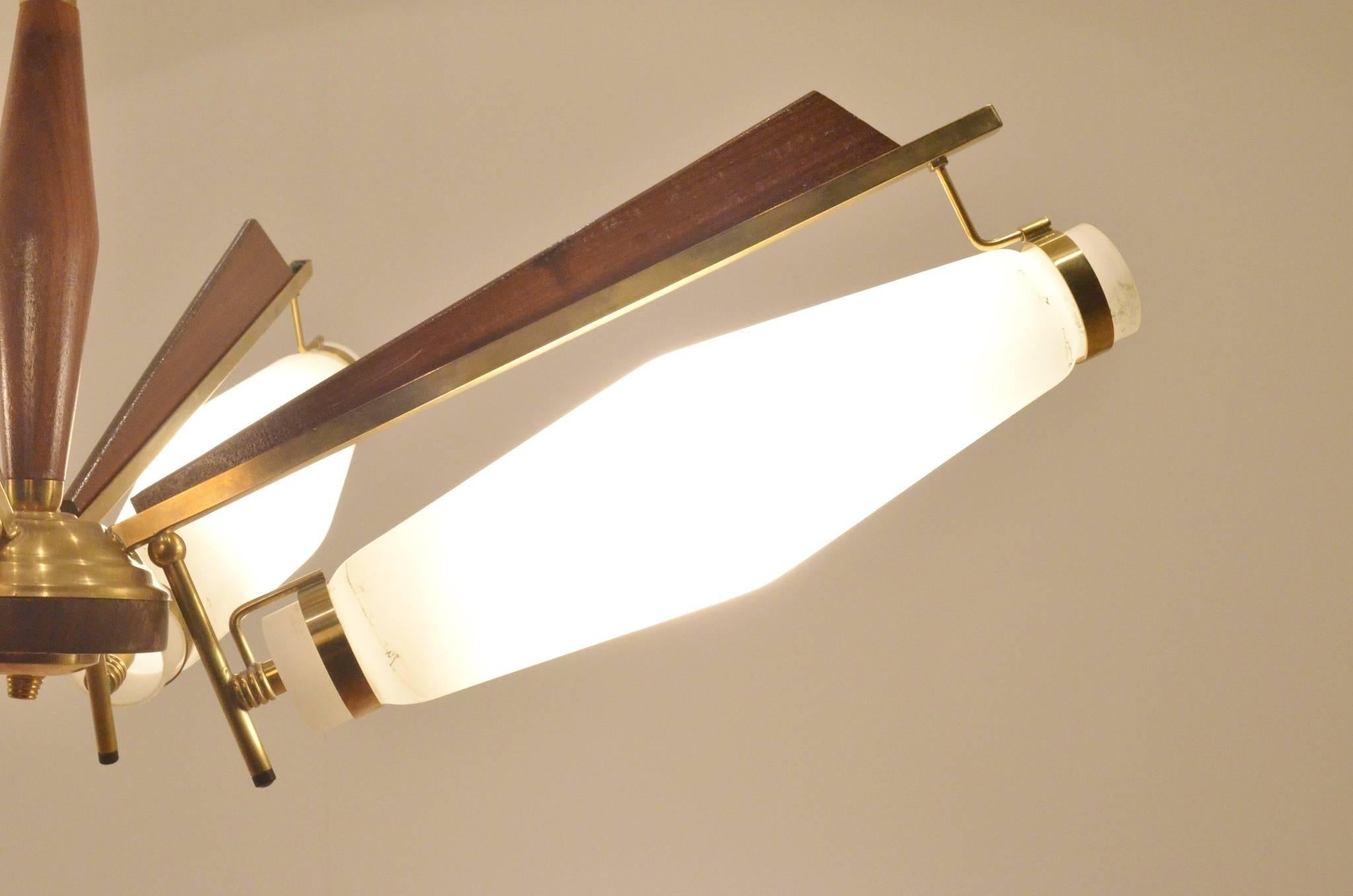 Italian Mid-Century Modern Design Suspended Glass and Teakwood Lamp Chandelier 3